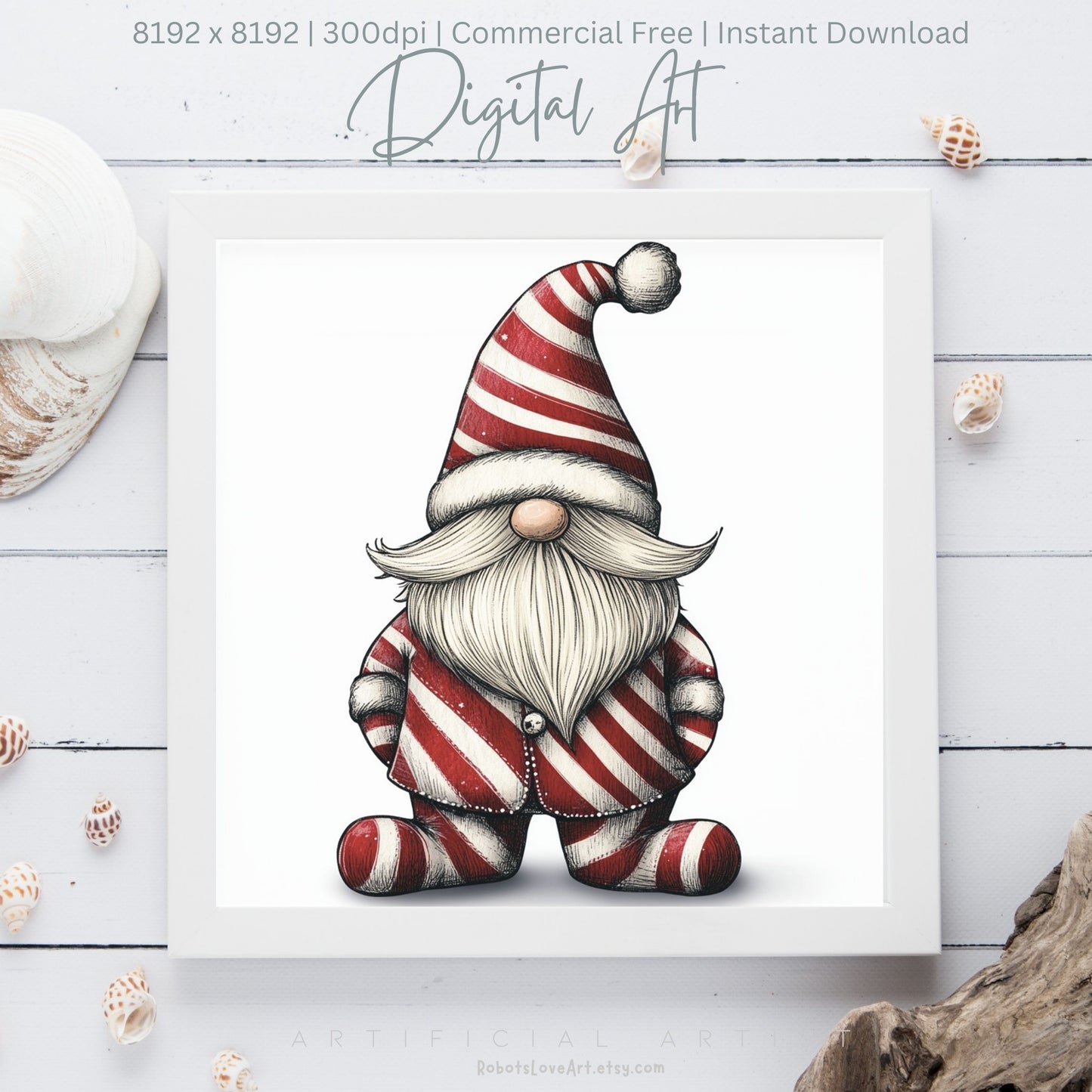 Christmas Cane Gnome Suit | Instant Download | Digital AI Art | Festive Gnome Wall Art