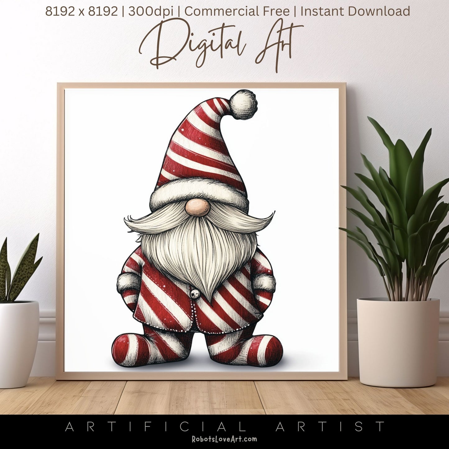 Christmas Cane Gnome Suit | Instant Download | Digital AI Art | Festive Gnome Wall Art