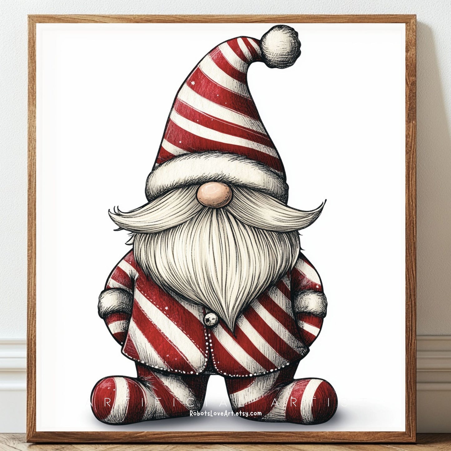 Christmas Cane Gnome Suit | Instant Download | Digital AI Art | Festive Gnome Wall Art