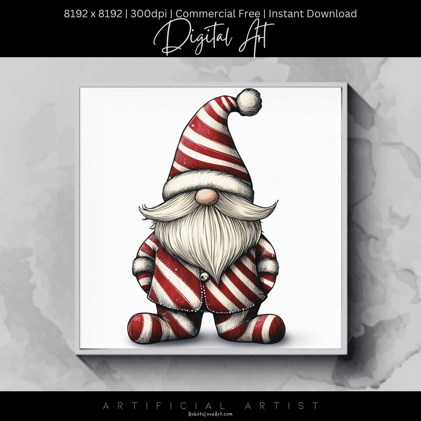 Christmas Cane Gnome Suit | Instant Download | Digital AI Art | Festive Gnome Wall Art