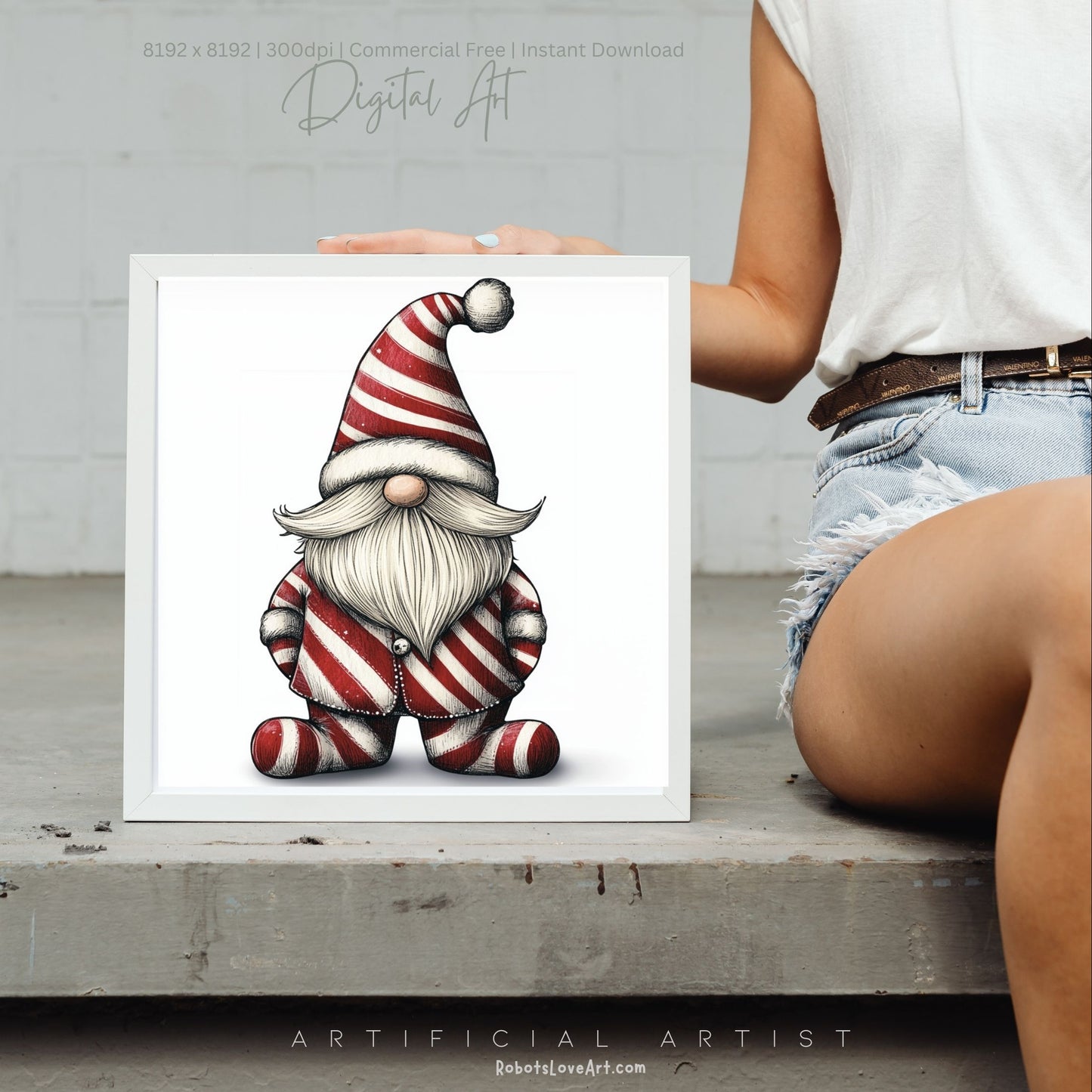 Christmas Cane Gnome Suit | Instant Download | Digital AI Art | Festive Gnome Wall Art