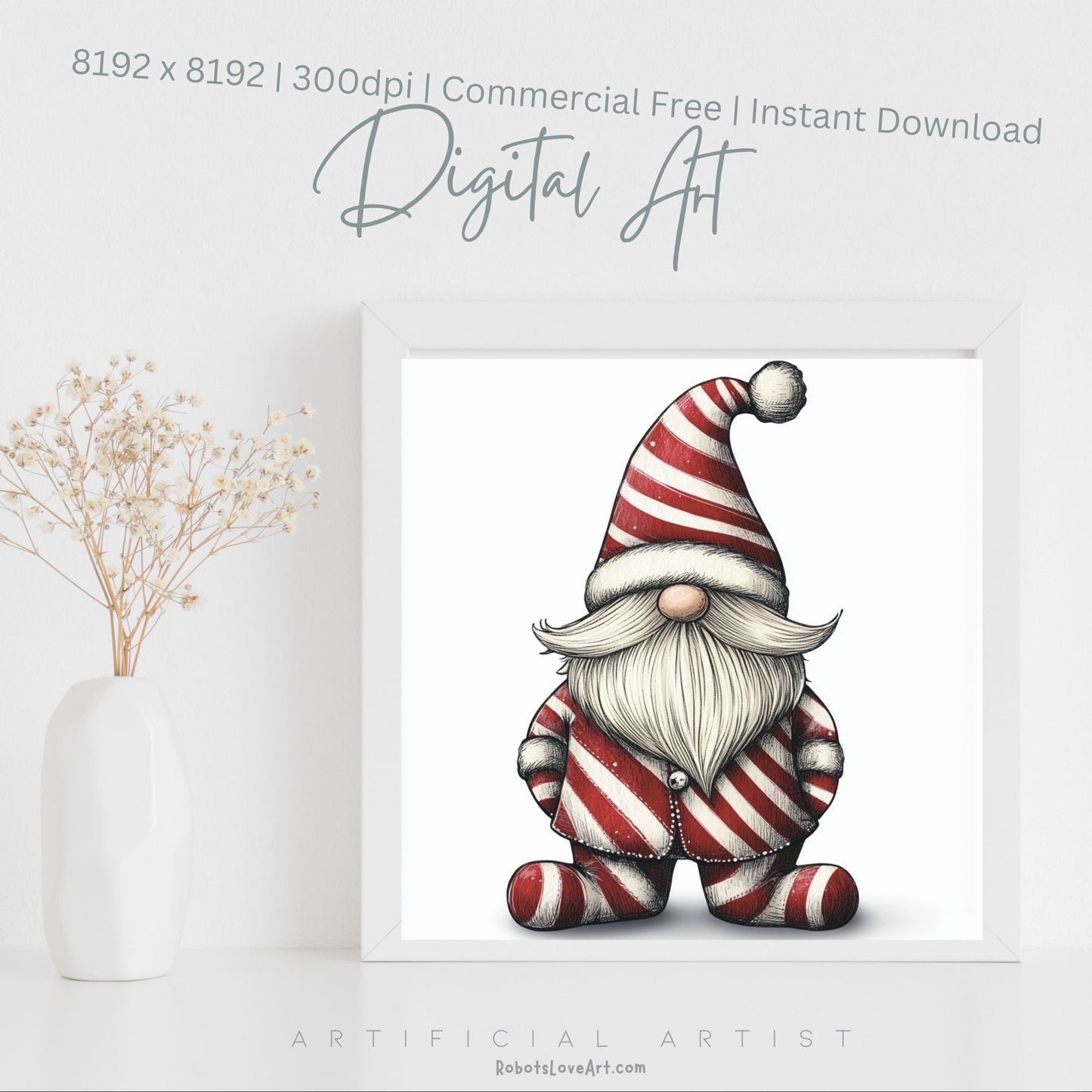Christmas Cane Gnome Suit | Instant Download | Digital AI Art | Festive Gnome Wall Art
