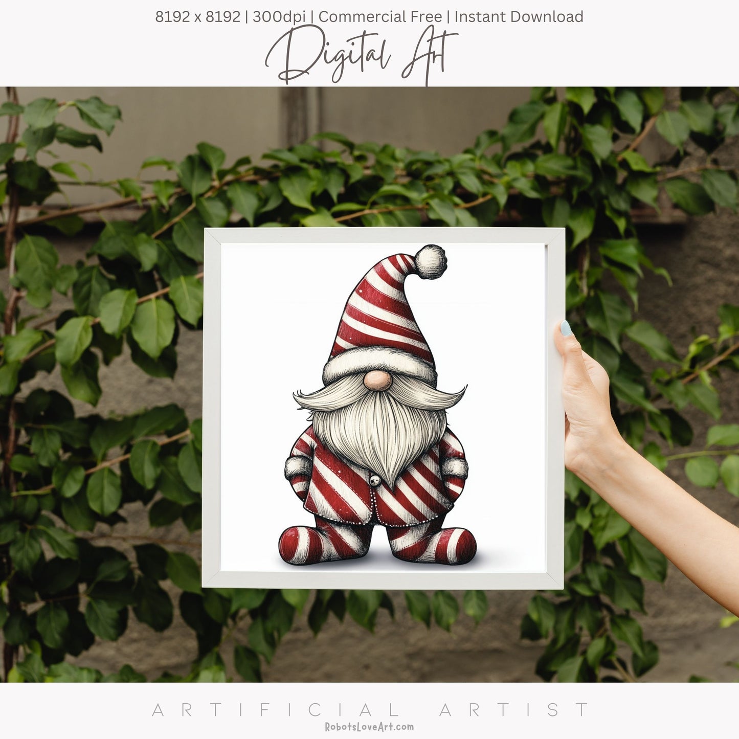 Christmas Cane Gnome Suit | Instant Download | Digital AI Art | Festive Gnome Wall Art