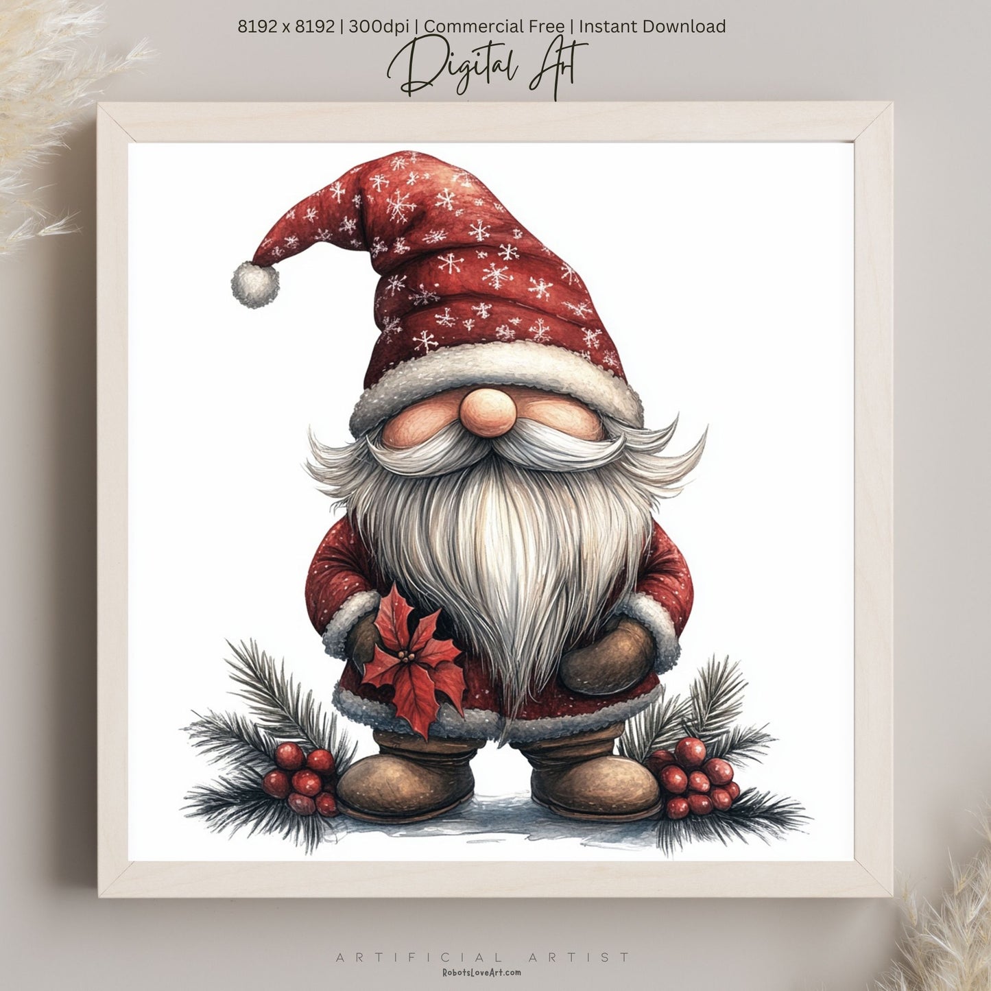 Mistletoe Christmas Cane Gnome Suit | Instant Download | Digital AI Art | Happy Gnome Wall Art