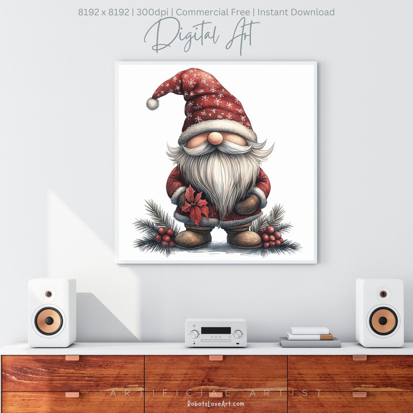 Mistletoe Christmas Cane Gnome Suit | Instant Download | Digital AI Art | Happy Gnome Wall Art