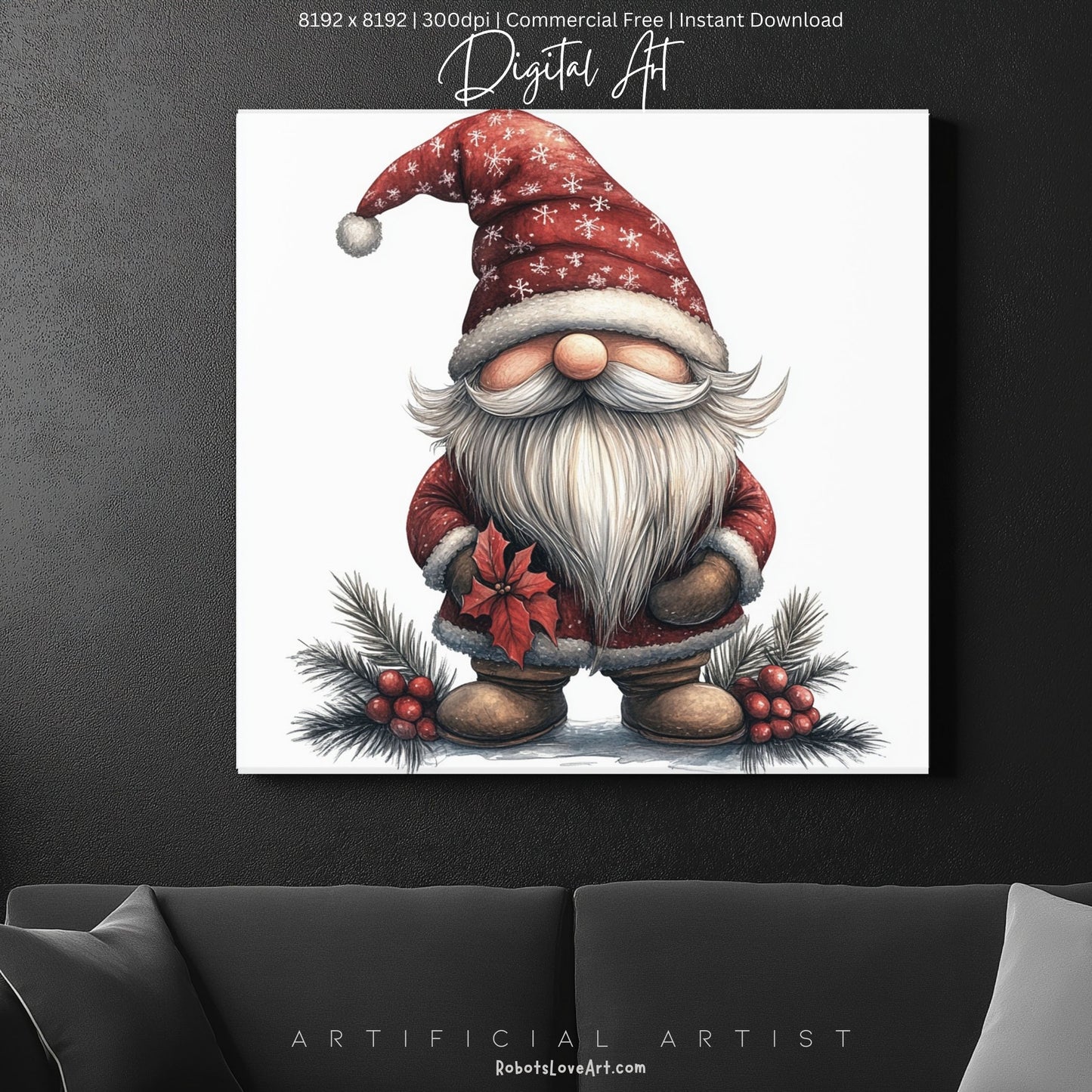 Mistletoe Christmas Cane Gnome Suit | Instant Download | Digital AI Art | Happy Gnome Wall Art