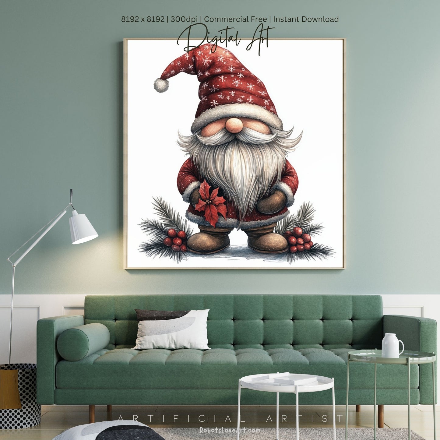 Mistletoe Christmas Cane Gnome Suit | Instant Download | Digital AI Art | Happy Gnome Wall Art
