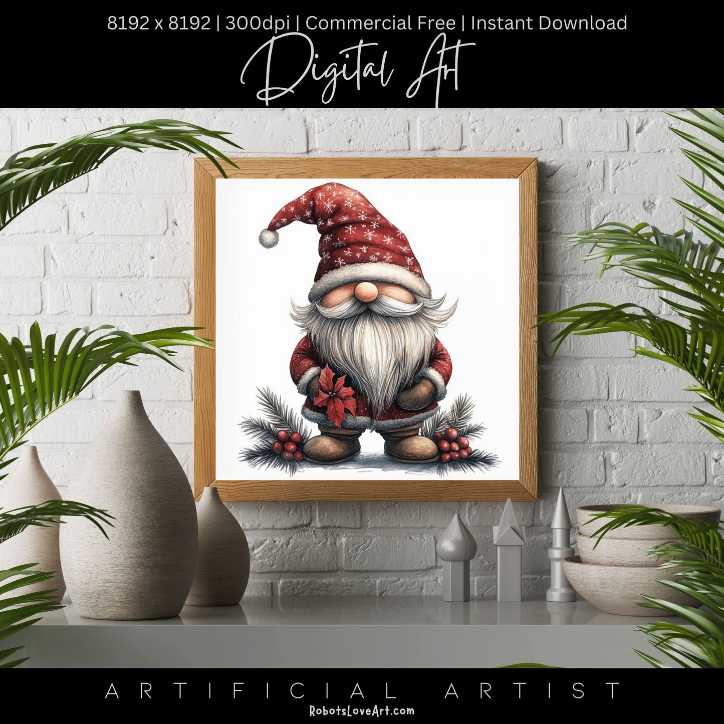 Mistletoe Christmas Cane Gnome Suit | Instant Download | Digital AI Art | Happy Gnome Wall Art