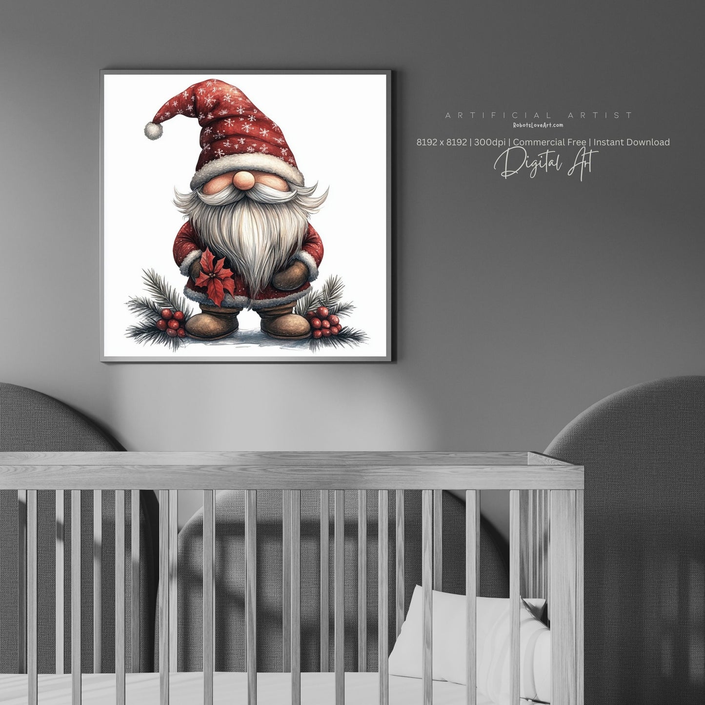 Mistletoe Christmas Cane Gnome Suit | Instant Download | Digital AI Art | Happy Gnome Wall Art