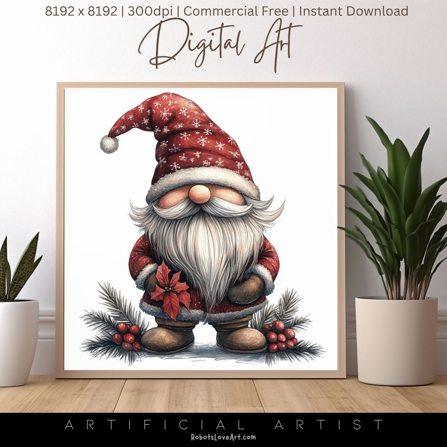 Mistletoe Christmas Cane Gnome Suit | Instant Download | Digital AI Art | Happy Gnome Wall Art