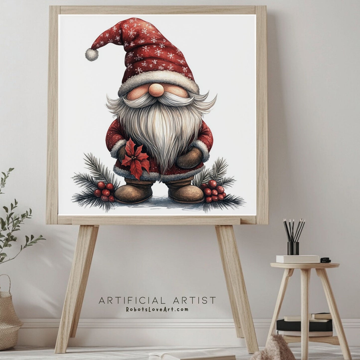 Mistletoe Christmas Cane Gnome Suit | Instant Download | Digital AI Art | Happy Gnome Wall Art