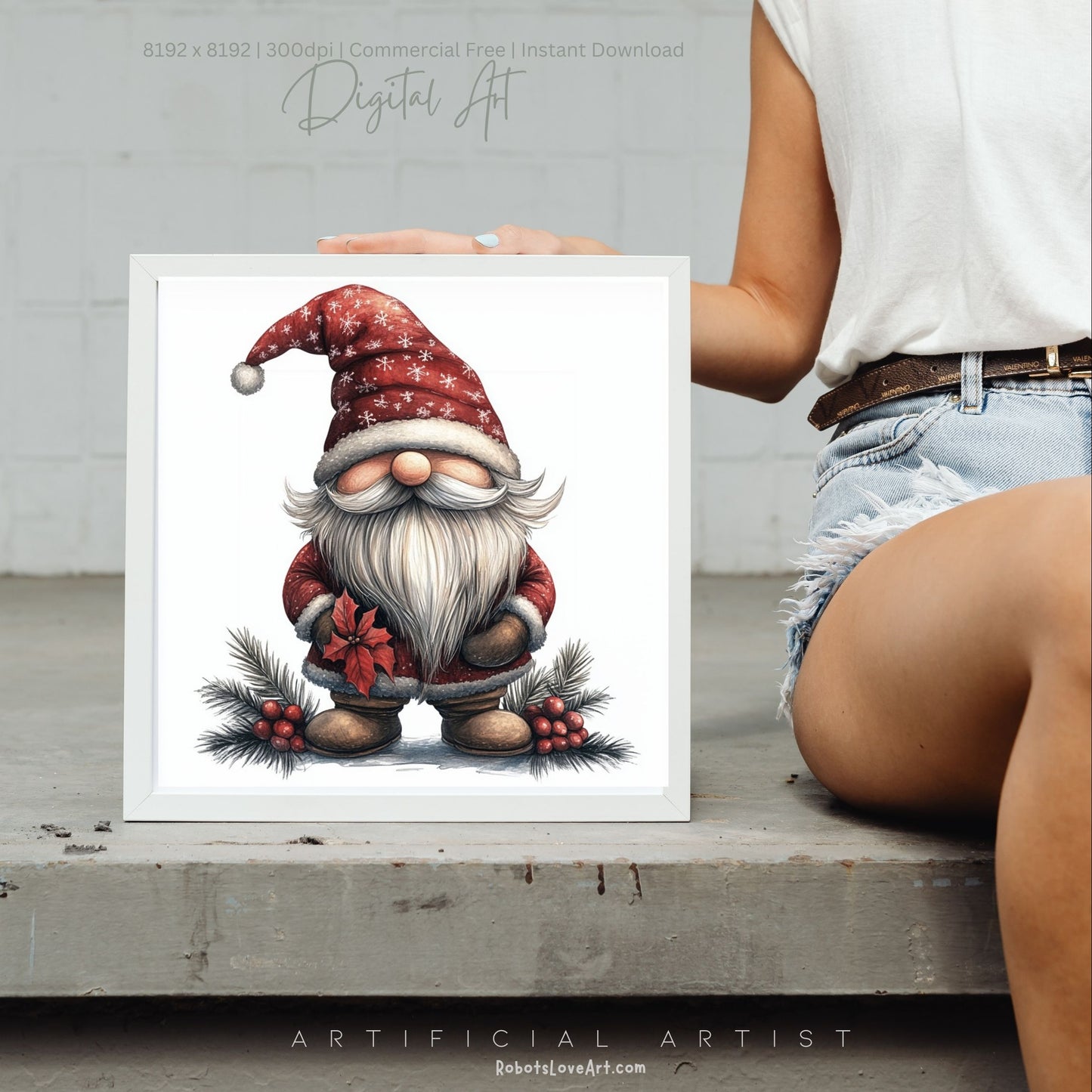 Mistletoe Christmas Cane Gnome Suit | Instant Download | Digital AI Art | Happy Gnome Wall Art