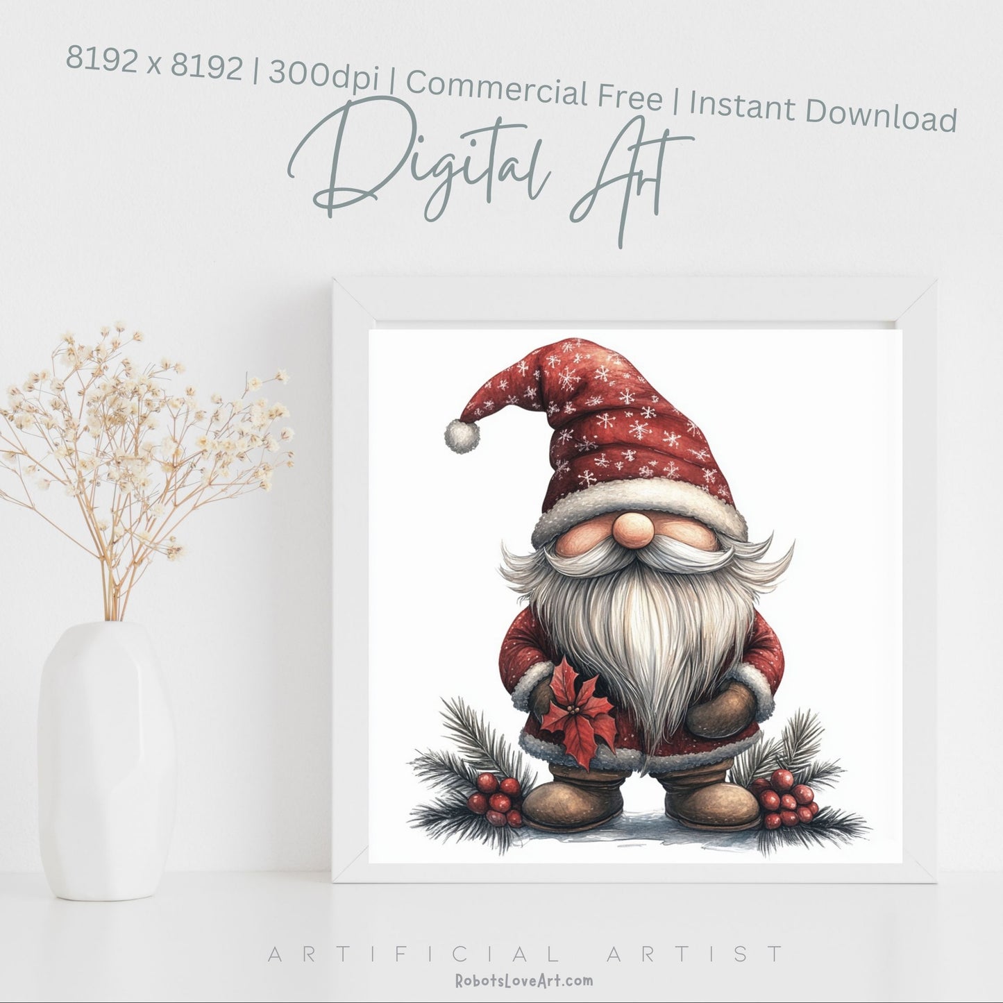 Mistletoe Christmas Cane Gnome Suit | Instant Download | Digital AI Art | Happy Gnome Wall Art