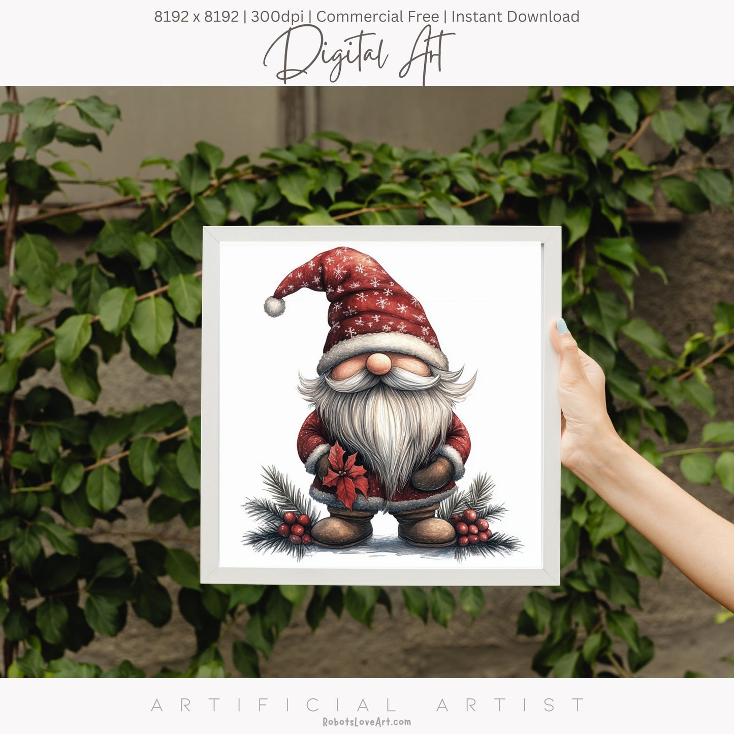 Mistletoe Christmas Cane Gnome Suit | Instant Download | Digital AI Art | Happy Gnome Wall Art