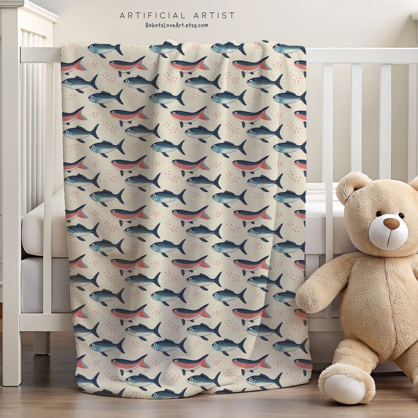 Whimsical Red Blue Carp Velveteen Plush Blanket, Cozy Home Decor for Fisherman Tan Background