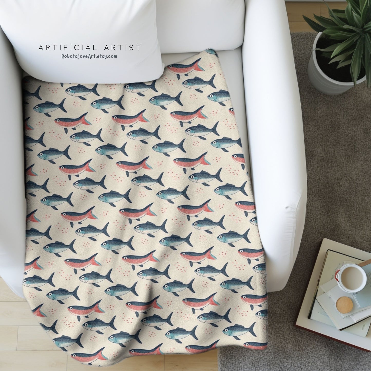 Whimsical Red Blue Carp Velveteen Plush Blanket, Cozy Home Decor for Fisherman Tan Background