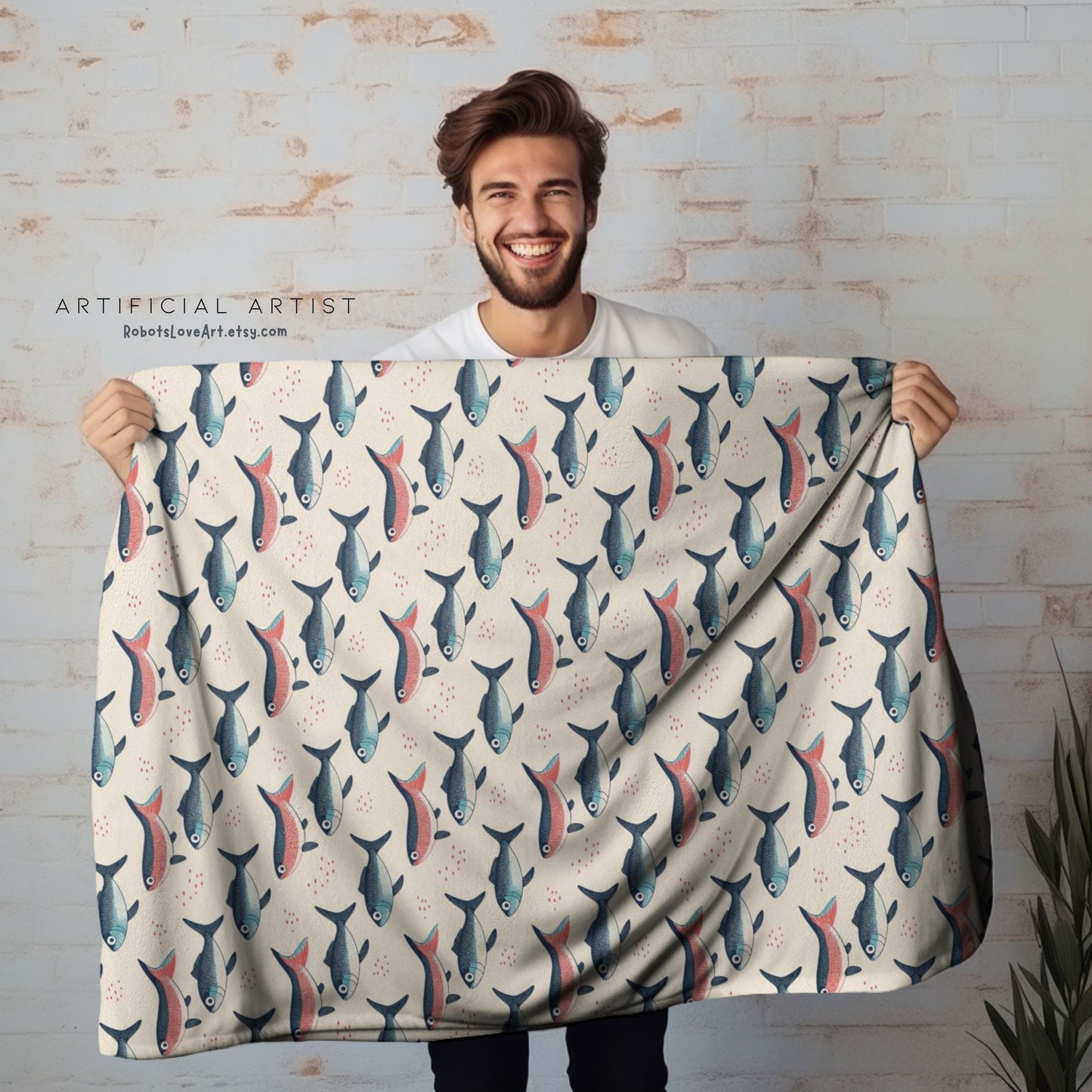 Whimsical Red Blue Carp Velveteen Plush Blanket, Cozy Home Decor for Fisherman Tan Background