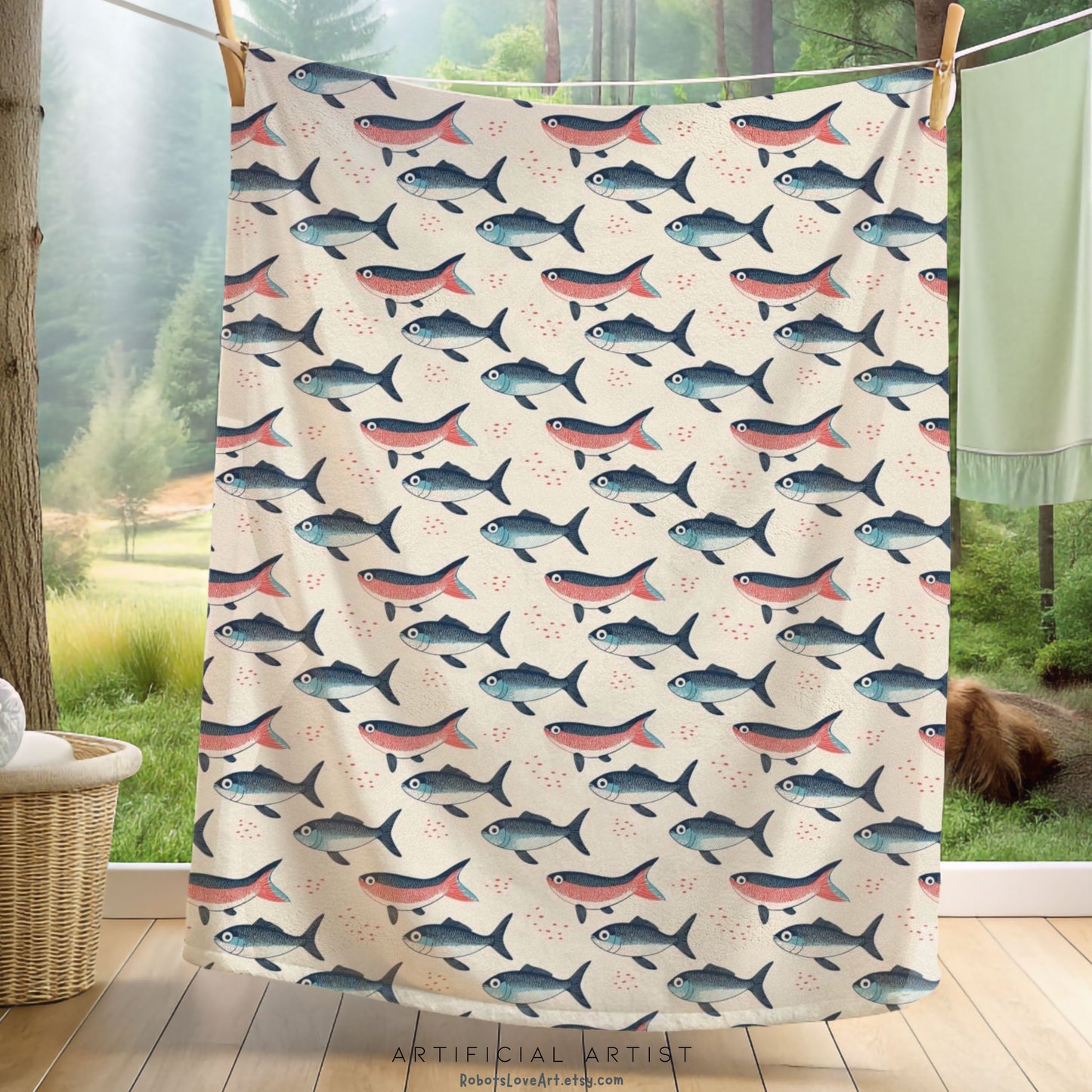 Whimsical Red Blue Carp Velveteen Plush Blanket, Cozy Home Decor for Fisherman Tan Background