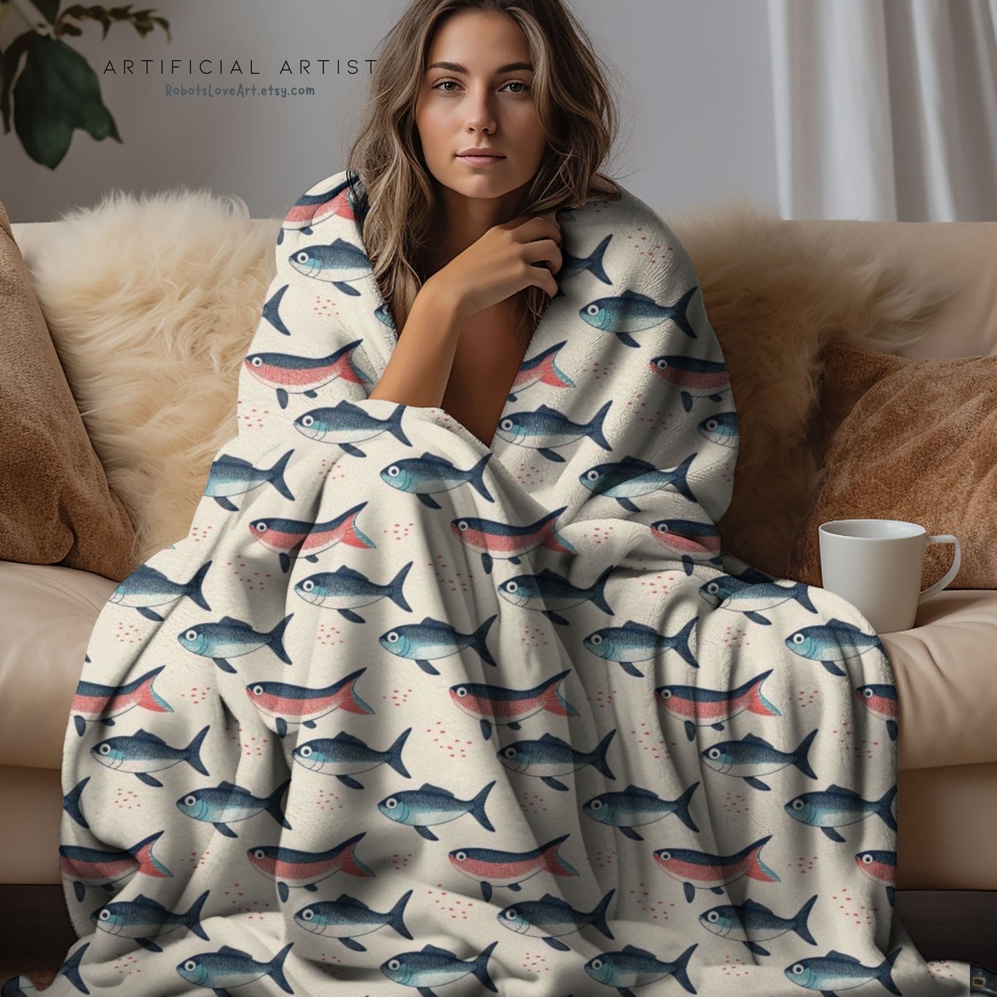 Whimsical Red Blue Carp Velveteen Plush Blanket, Cozy Home Decor for Fisherman Tan Background