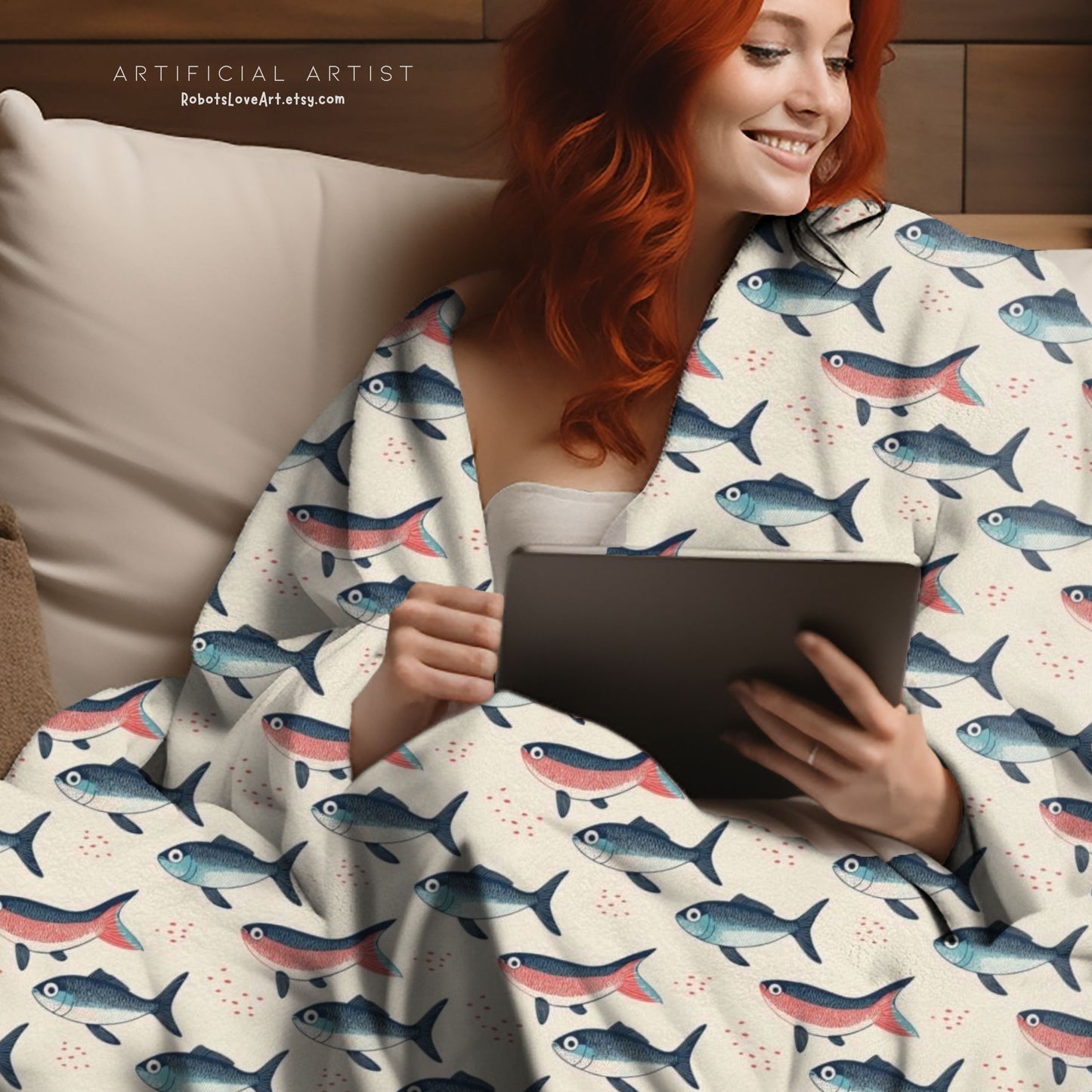 Whimsical Red Blue Carp Velveteen Plush Blanket, Cozy Home Decor for Fisherman Tan Background