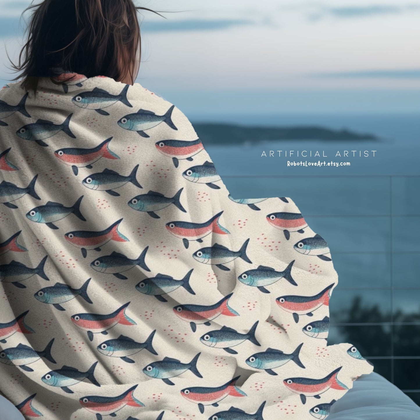 Whimsical Red Blue Carp Velveteen Plush Blanket, Cozy Home Decor for Fisherman Tan Background
