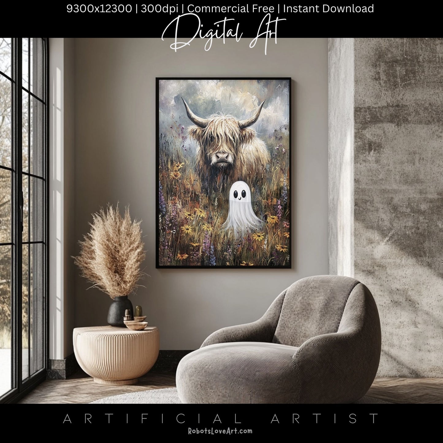 Highland Cow Halloween Ghost | Instant Download | Digital AI Art | Homesteaders Wall Art | Fall Decor