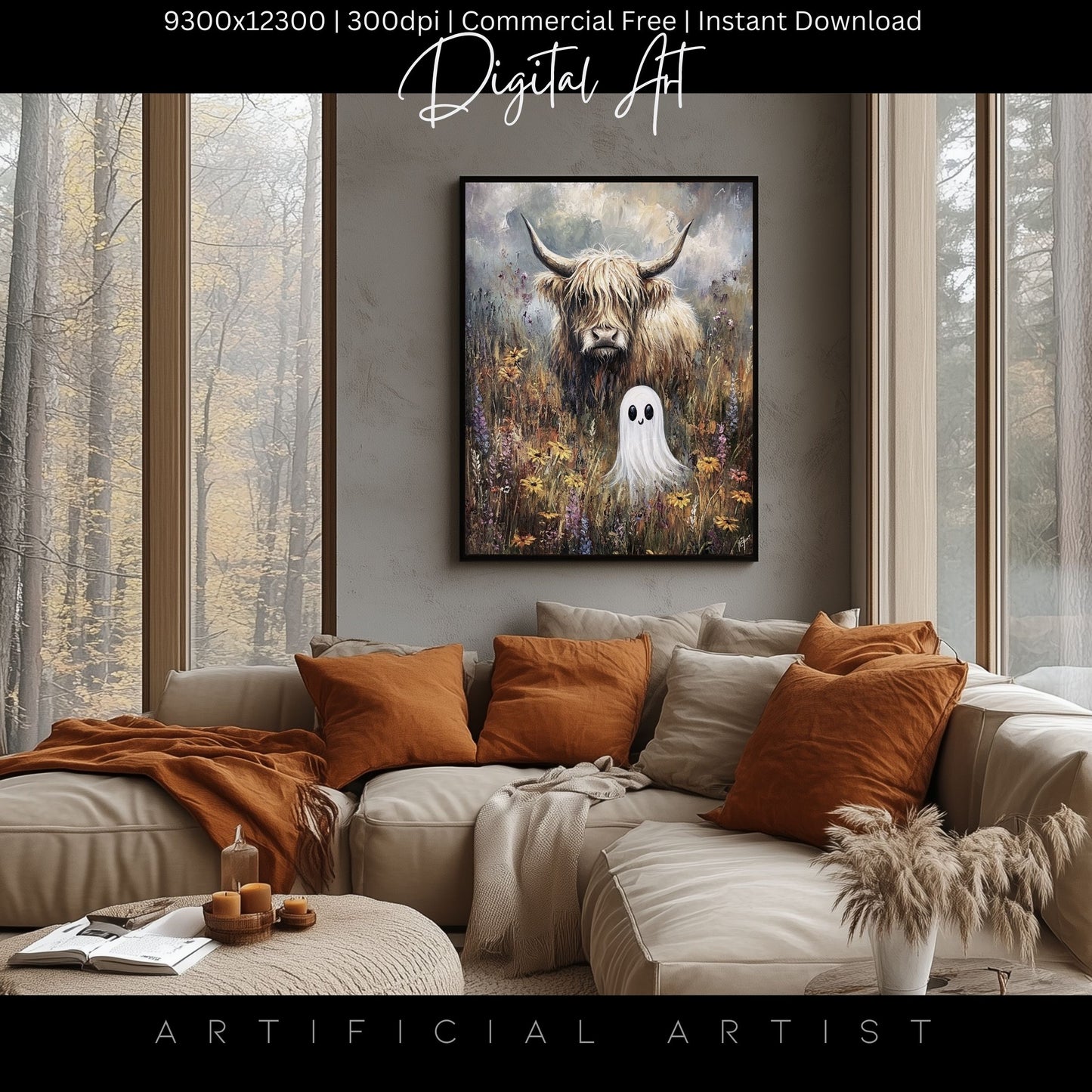 Highland Cow Halloween Ghost | Instant Download | Digital AI Art | Homesteaders Wall Art | Fall Decor