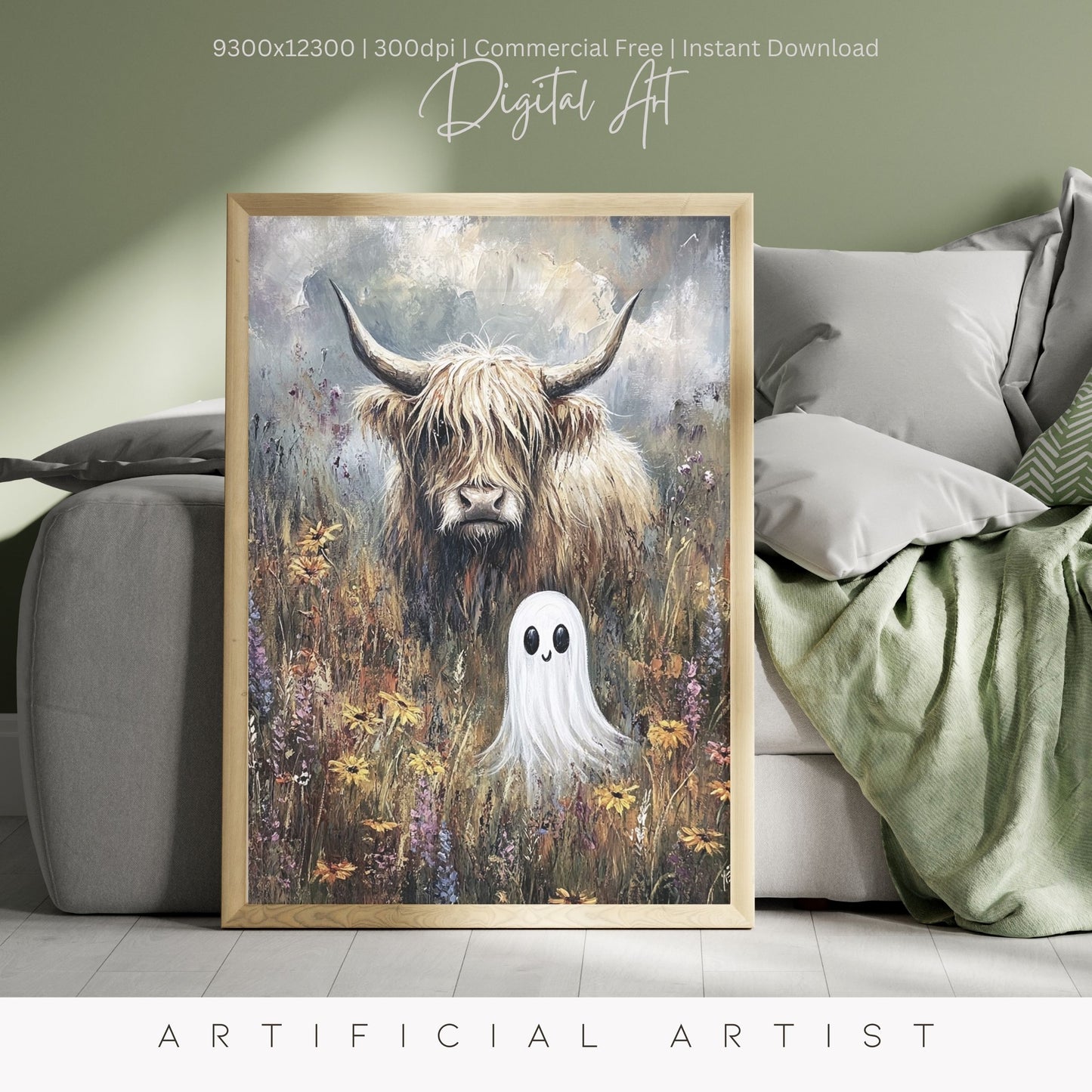 Highland Cow Halloween Ghost | Instant Download | Digital AI Art | Homesteaders Wall Art | Fall Decor