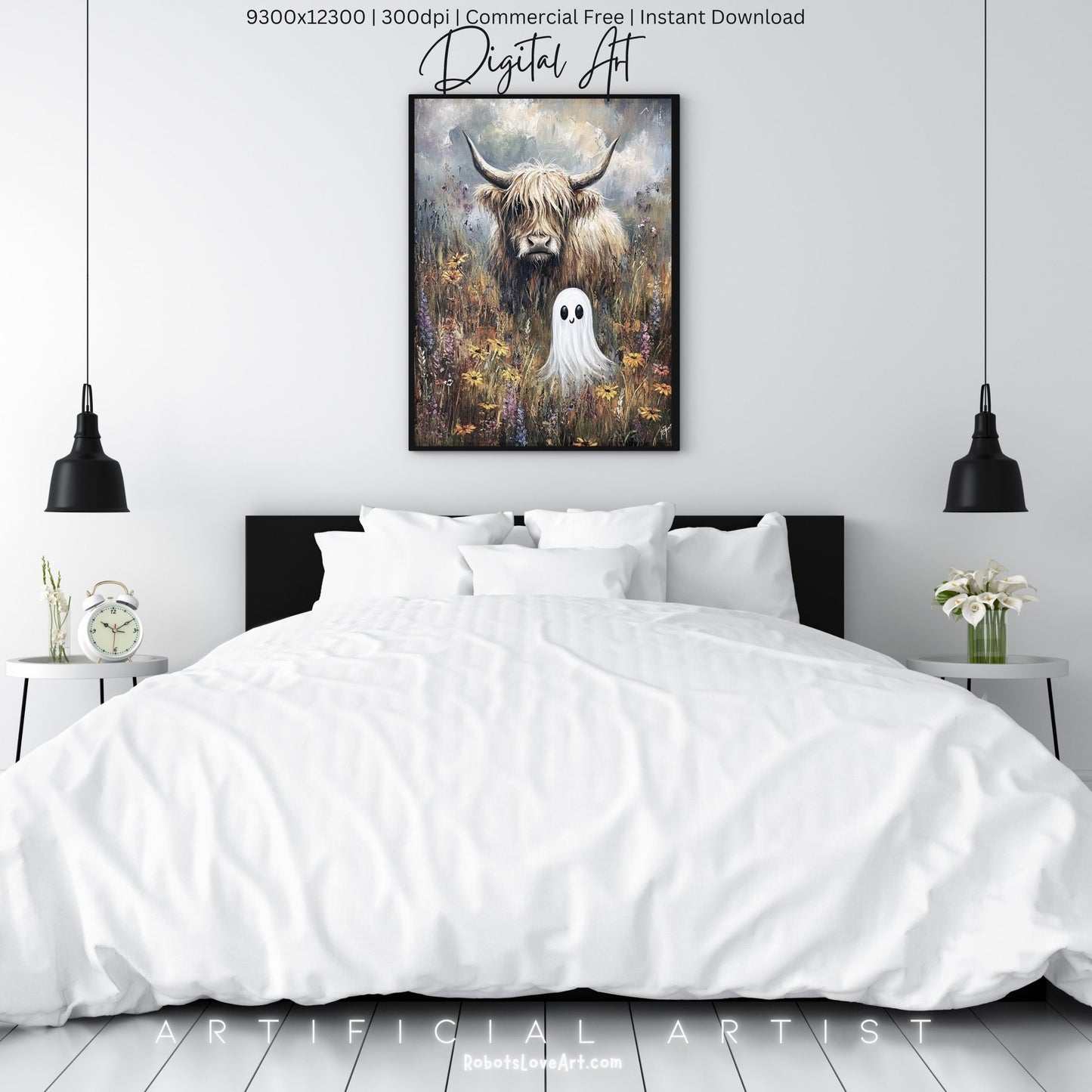 Highland Cow Halloween Ghost | Instant Download | Digital AI Art | Homesteaders Wall Art | Fall Decor