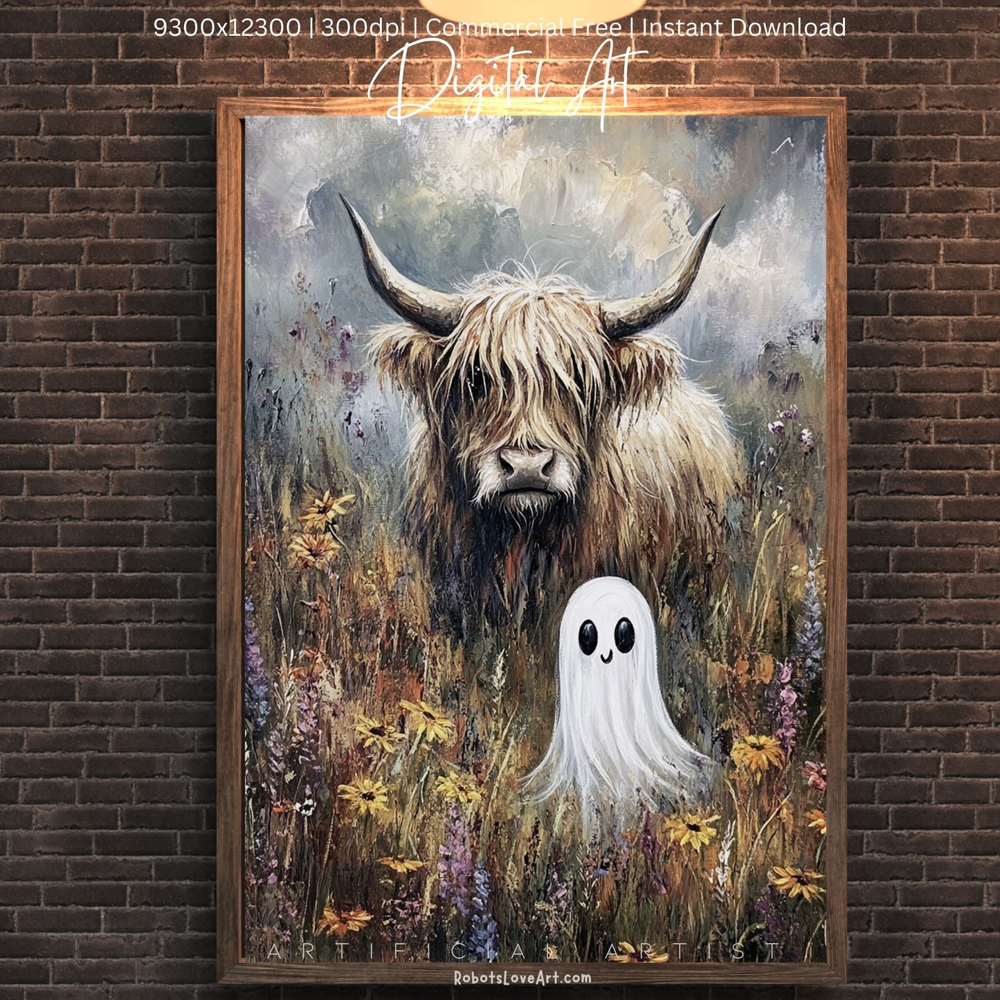 Highland Cow Halloween Ghost | Instant Download | Digital AI Art | Homesteaders Wall Art | Fall Decor