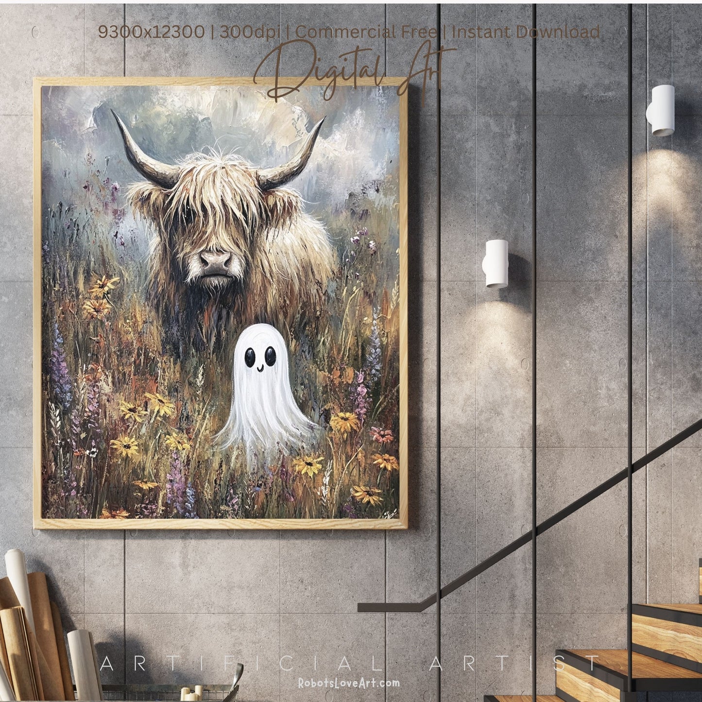 Highland Cow Halloween Ghost | Instant Download | Digital AI Art | Homesteaders Wall Art | Fall Decor