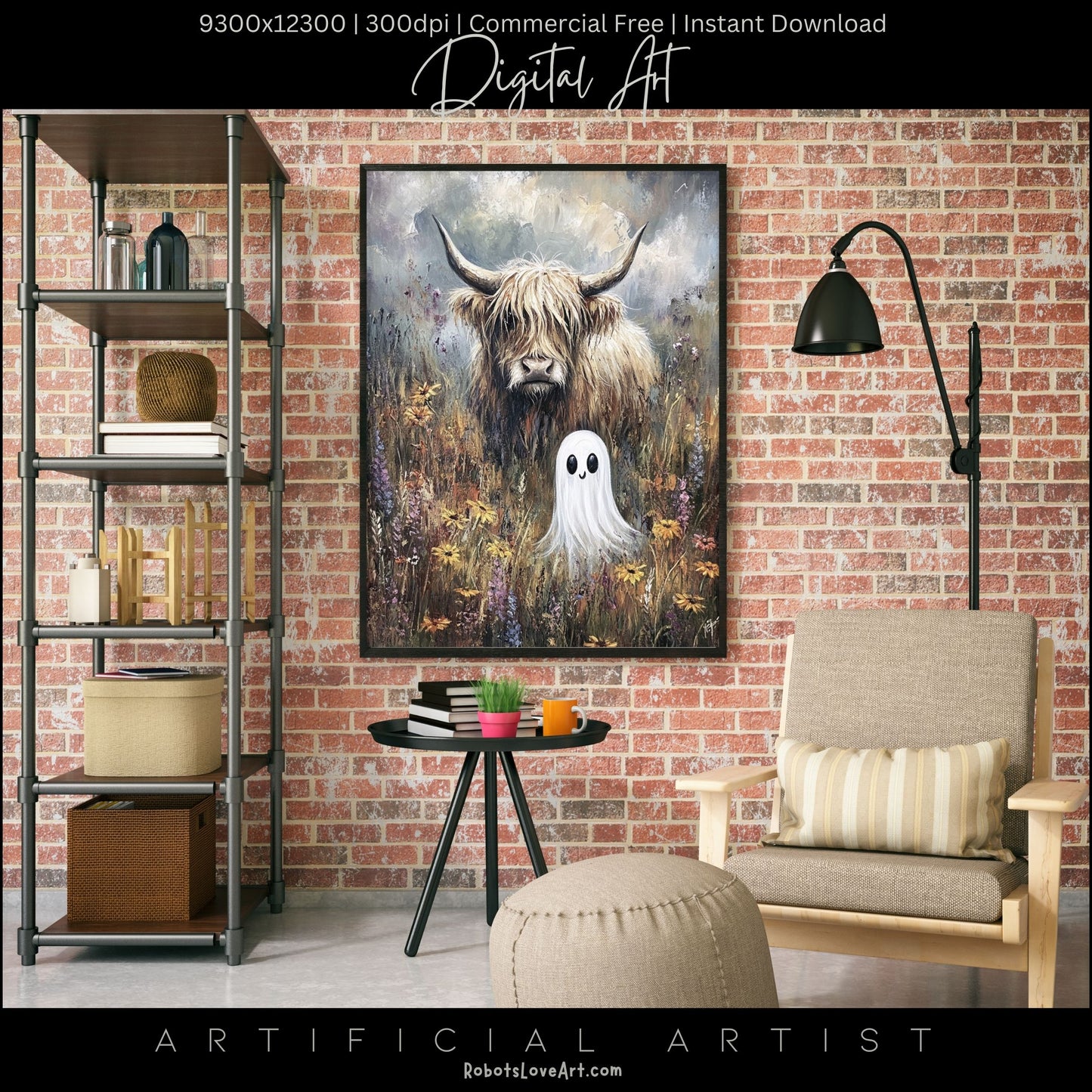 Highland Cow Halloween Ghost | Instant Download | Digital AI Art | Homesteaders Wall Art | Fall Decor