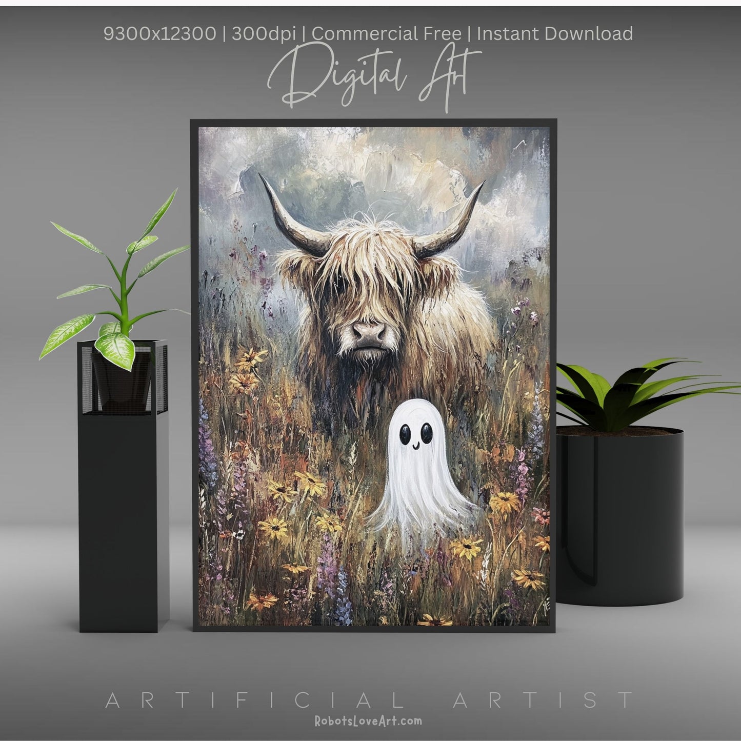 Highland Cow Halloween Ghost | Instant Download | Digital AI Art | Homesteaders Wall Art | Fall Decor