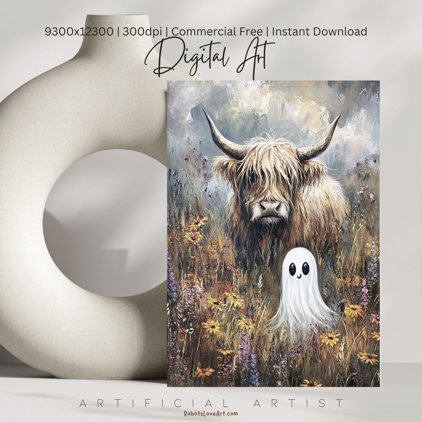 Highland Cow Halloween Ghost | Instant Download | Digital AI Art | Homesteaders Wall Art | Fall Decor