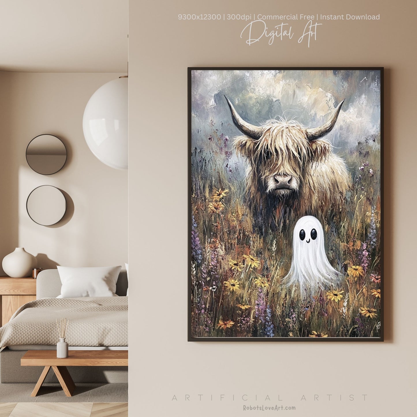 Highland Cow Halloween Ghost | Instant Download | Digital AI Art | Homesteaders Wall Art | Fall Decor