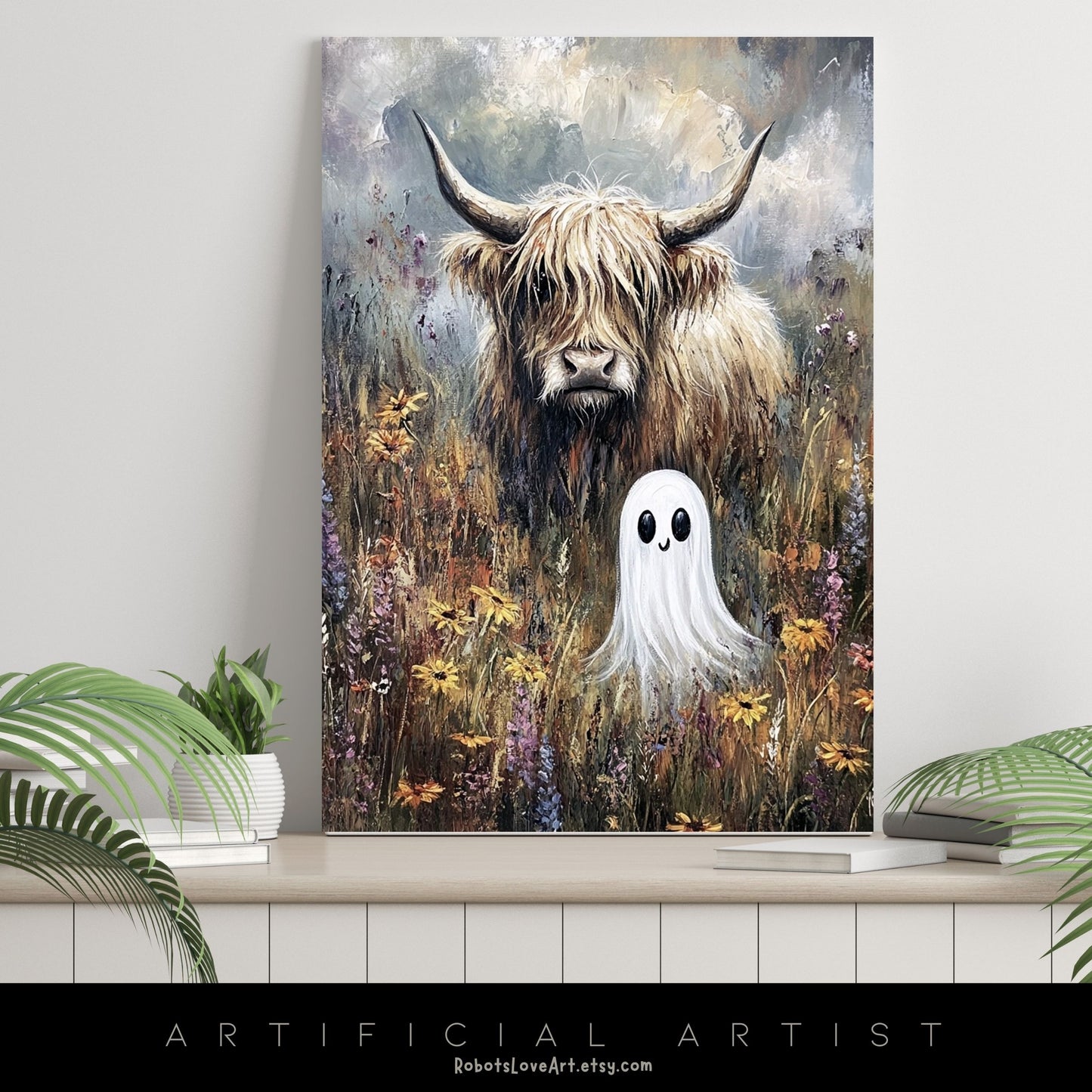 Highland Cow Halloween Ghost | Instant Download | Digital AI Art | Homesteaders Wall Art | Fall Decor