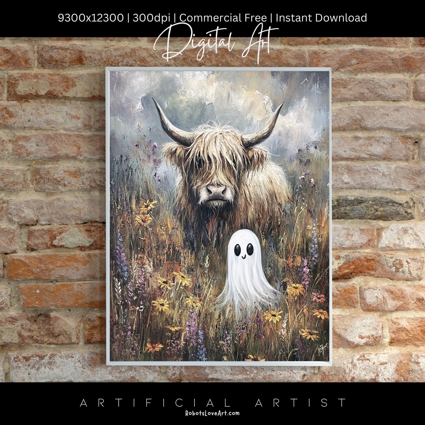 Highland Cow Halloween Ghost | Instant Download | Digital AI Art | Homesteaders Wall Art | Fall Decor