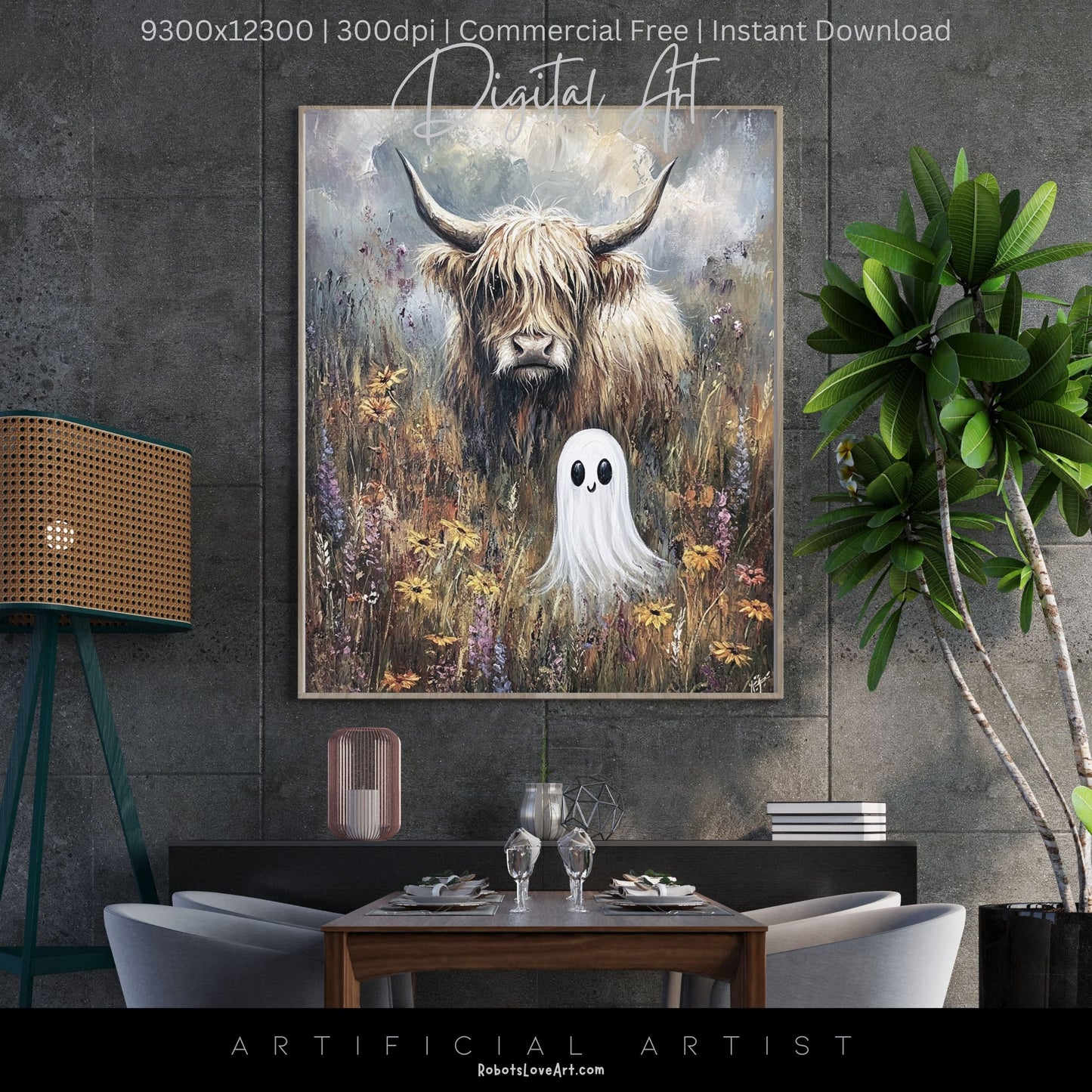 Highland Cow Halloween Ghost | Instant Download | Digital AI Art | Homesteaders Wall Art | Fall Decor