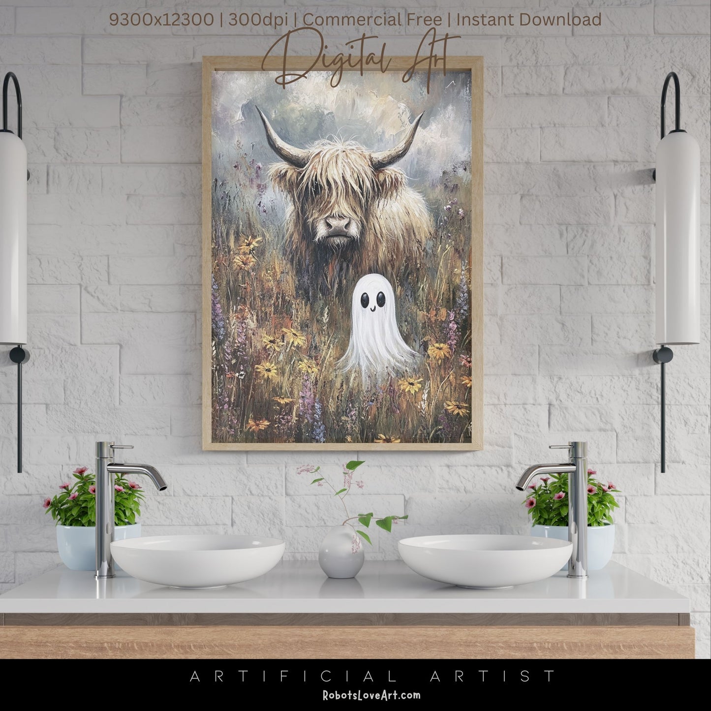 Highland Cow Halloween Ghost | Instant Download | Digital AI Art | Homesteaders Wall Art | Fall Decor
