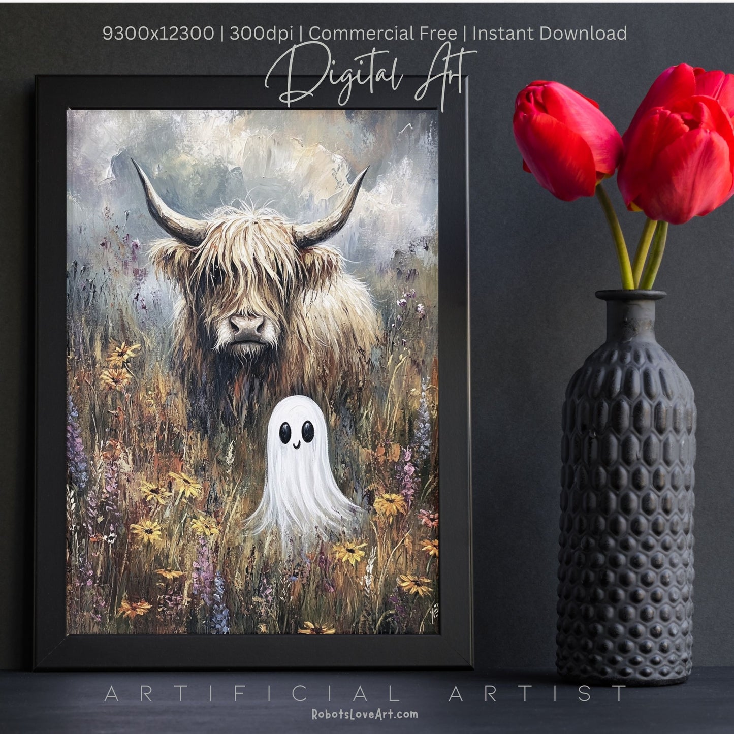 Highland Cow Halloween Ghost | Instant Download | Digital AI Art | Homesteaders Wall Art | Fall Decor