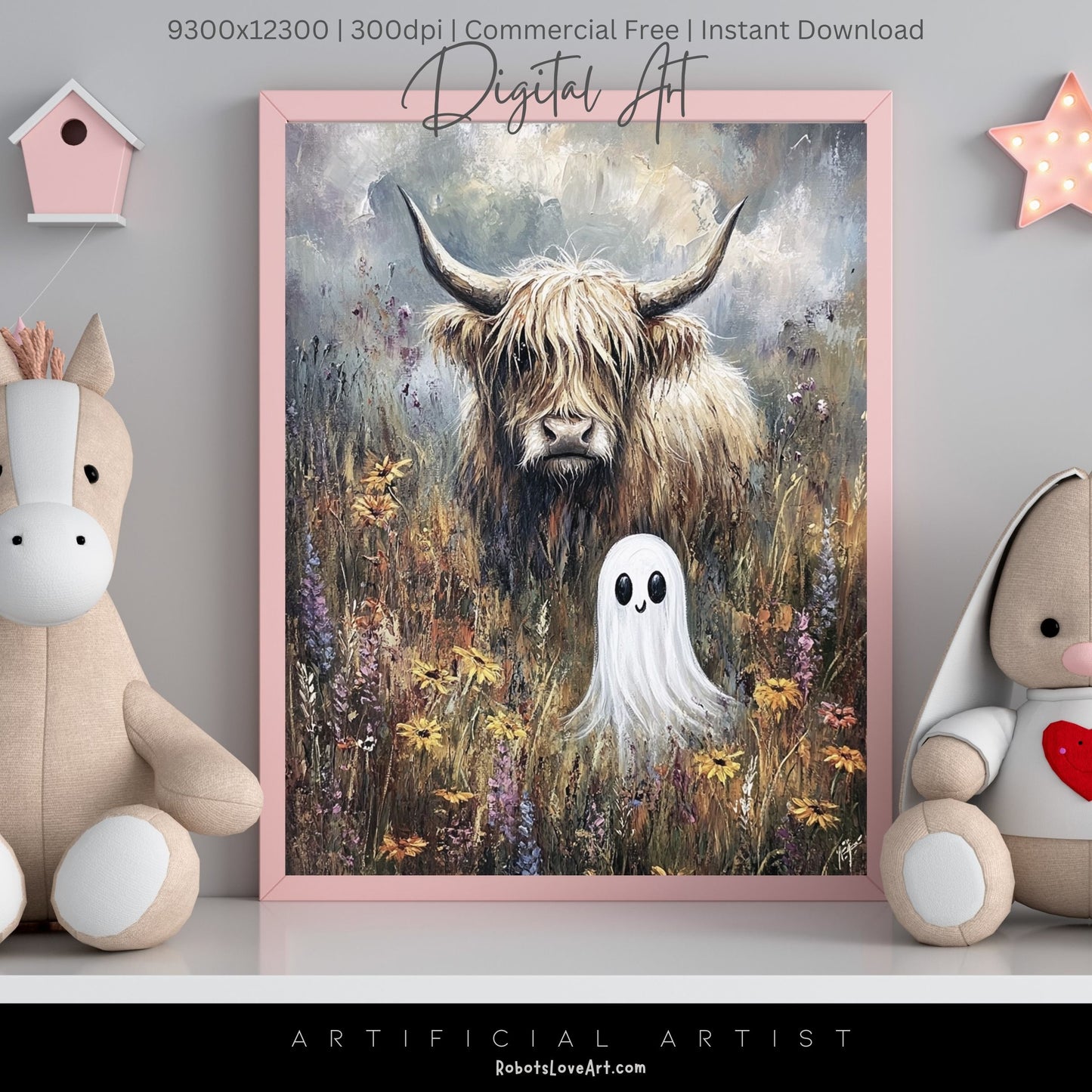 Highland Cow Halloween Ghost | Instant Download | Digital AI Art | Homesteaders Wall Art | Fall Decor