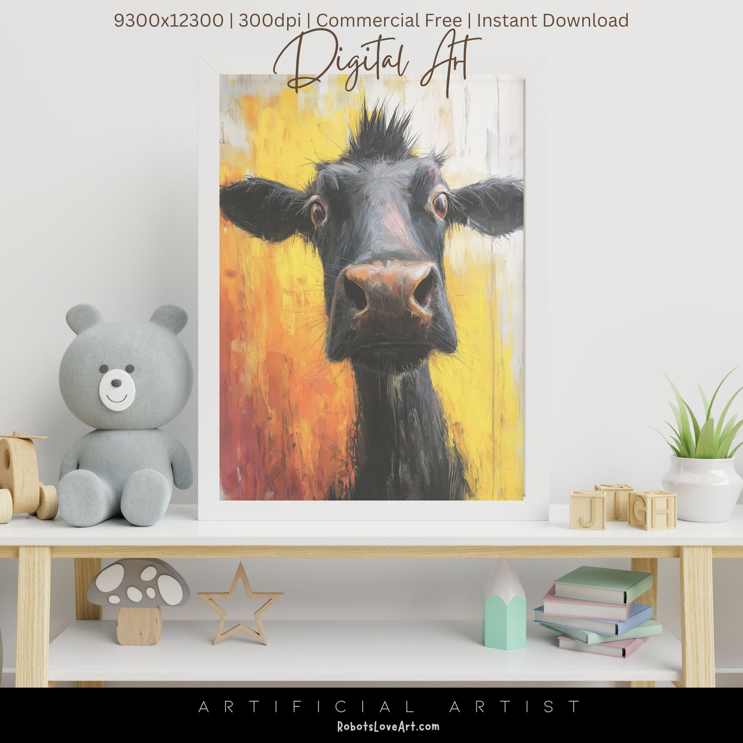 Cute Baby Cow Painting | Instant Download | Digital AI Art | Cow Wall Art | Farm Decor