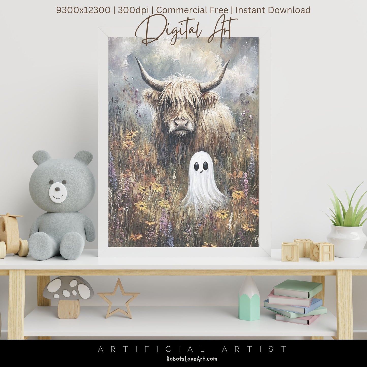 Highland Cow Halloween Ghost | Instant Download | Digital AI Art | Homesteaders Wall Art | Fall Decor