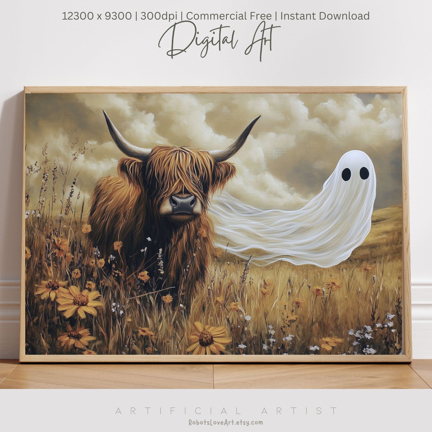 Scottish Highland with a Ghost| Instant Download | Digital AI Art | Cow Wall Art | Fall Decor