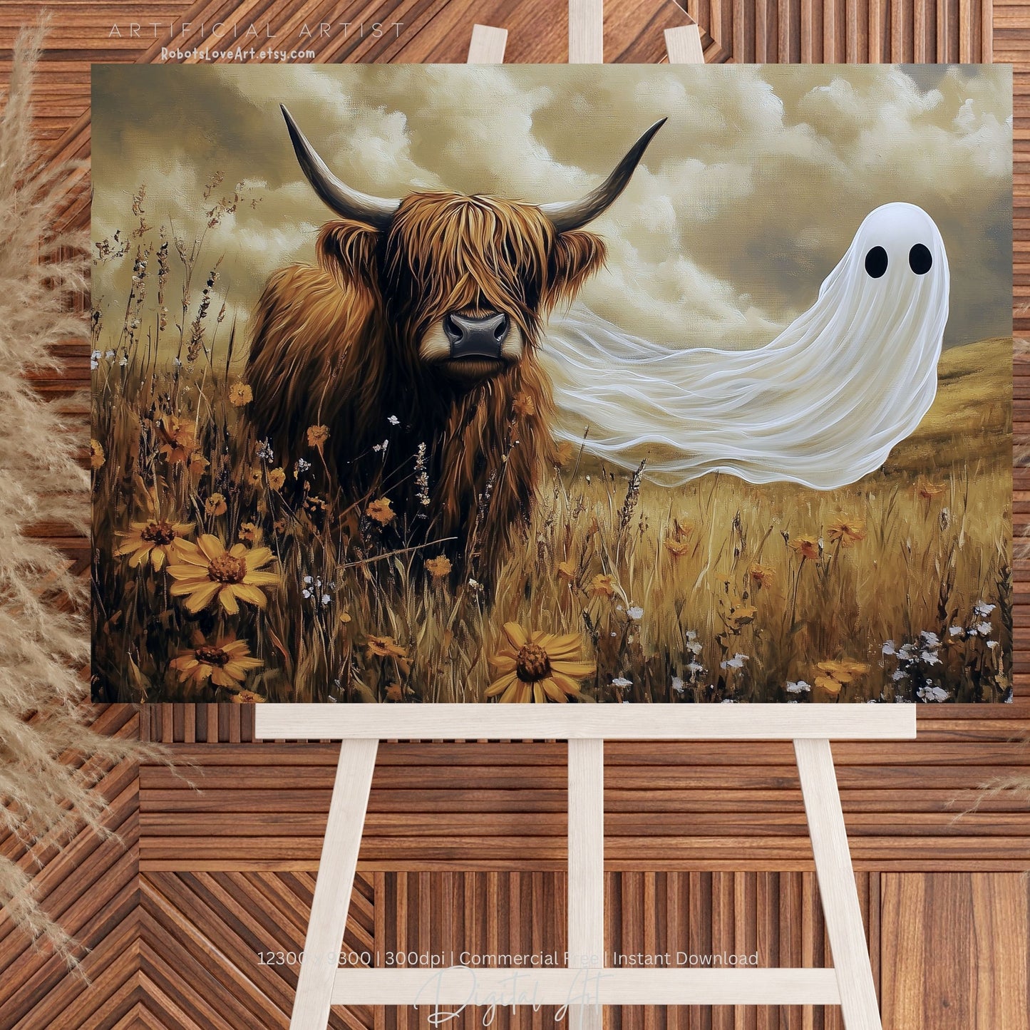 Scottish Highland with a Ghost| Instant Download | Digital AI Art | Cow Wall Art | Fall Decor