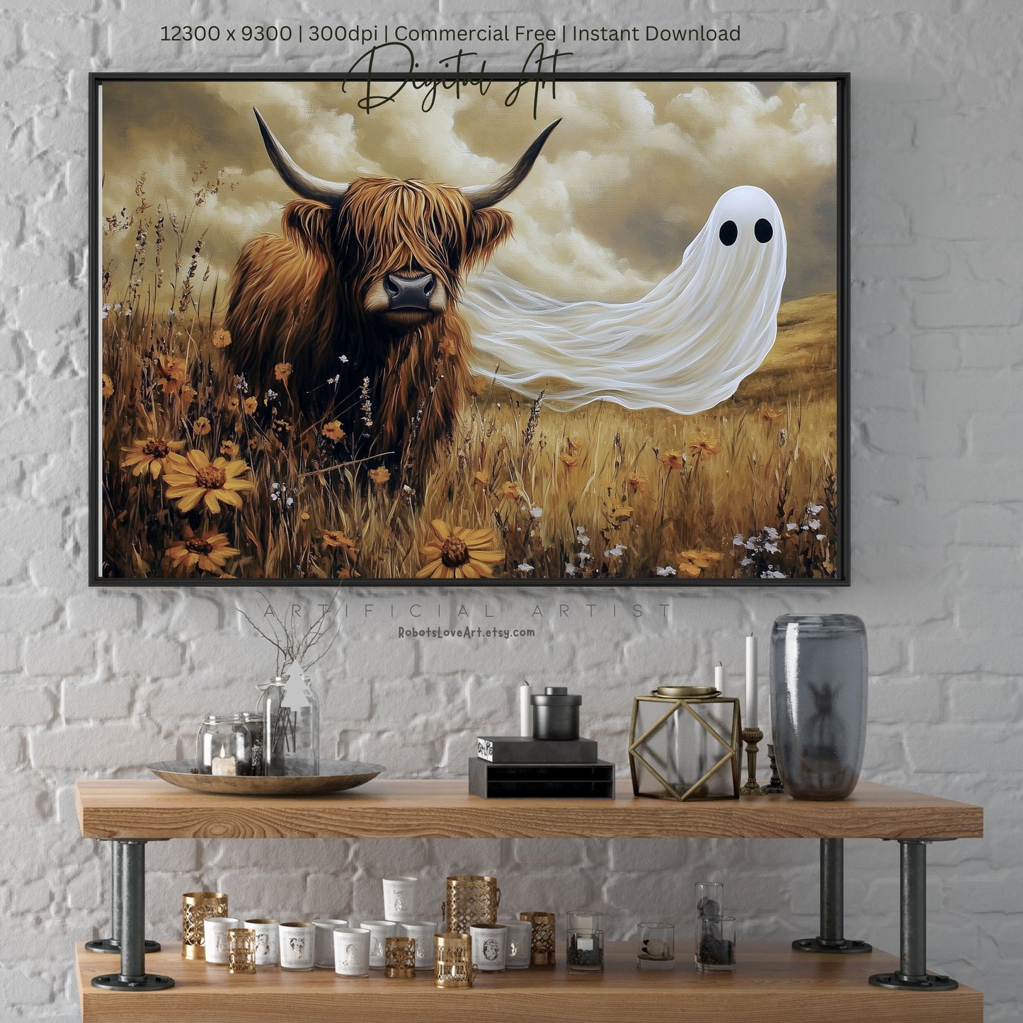 Scottish Highland with a Ghost| Instant Download | Digital AI Art | Cow Wall Art | Fall Decor