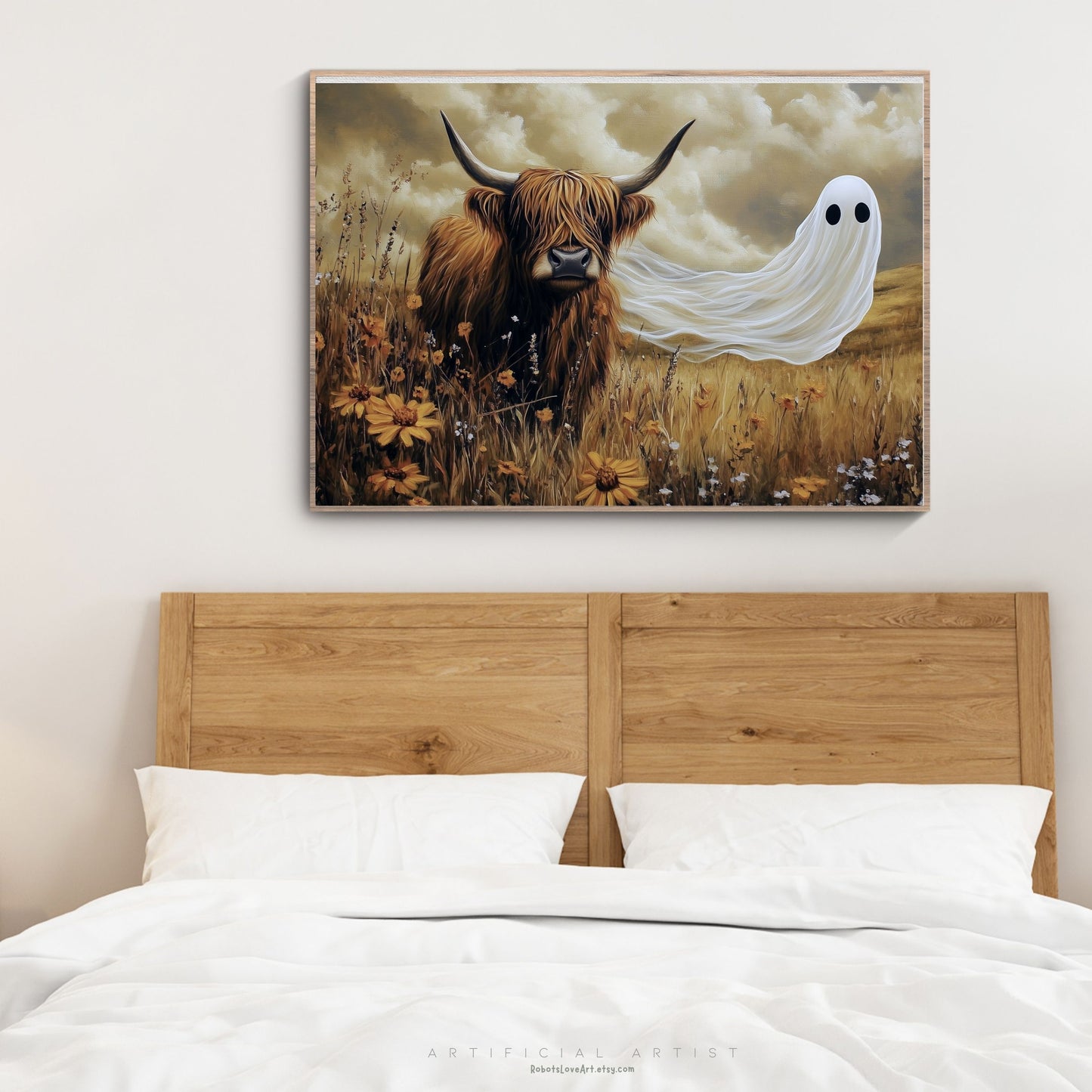 Scottish Highland with a Ghost| Instant Download | Digital AI Art | Cow Wall Art | Fall Decor