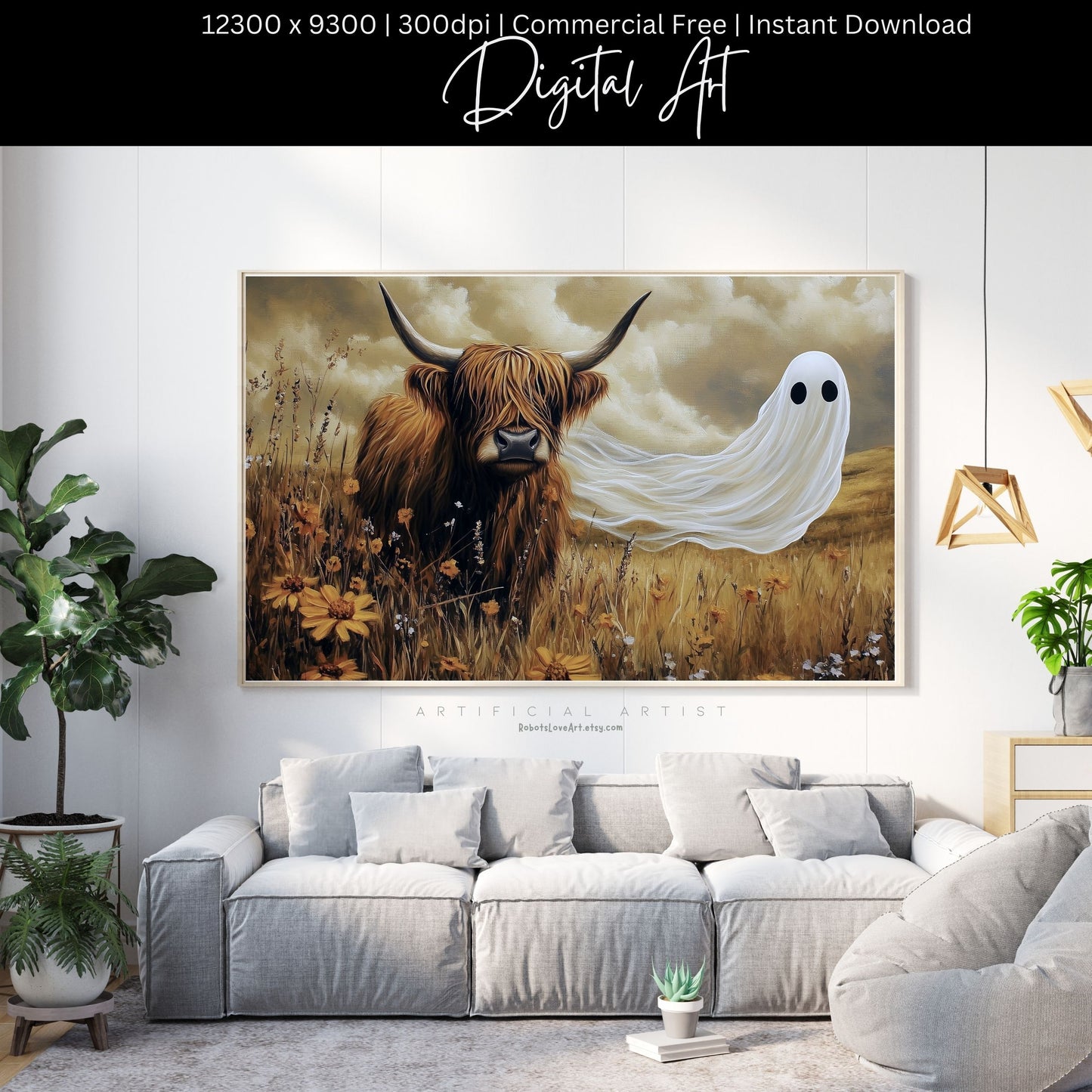 Scottish Highland with a Ghost| Instant Download | Digital AI Art | Cow Wall Art | Fall Decor