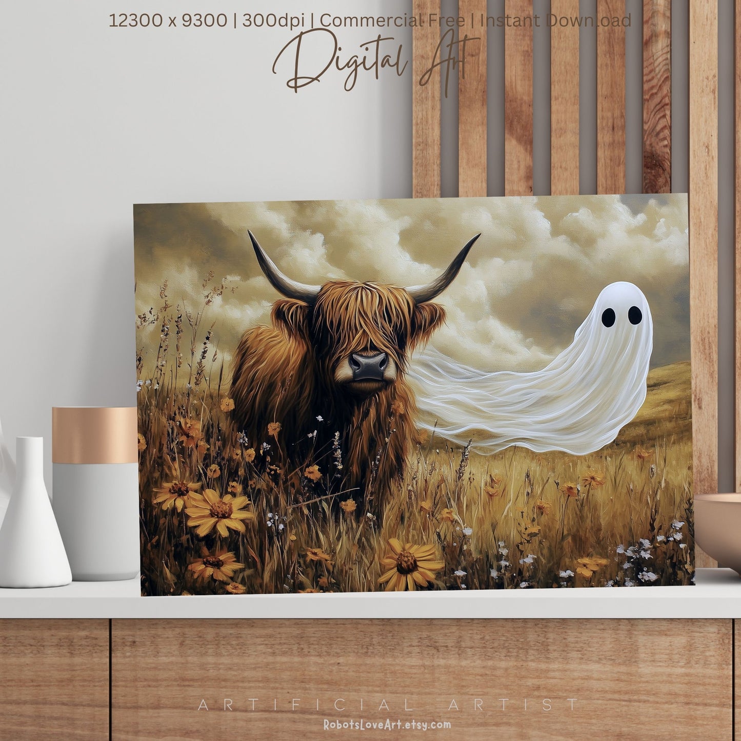 Scottish Highland with a Ghost| Instant Download | Digital AI Art | Cow Wall Art | Fall Decor