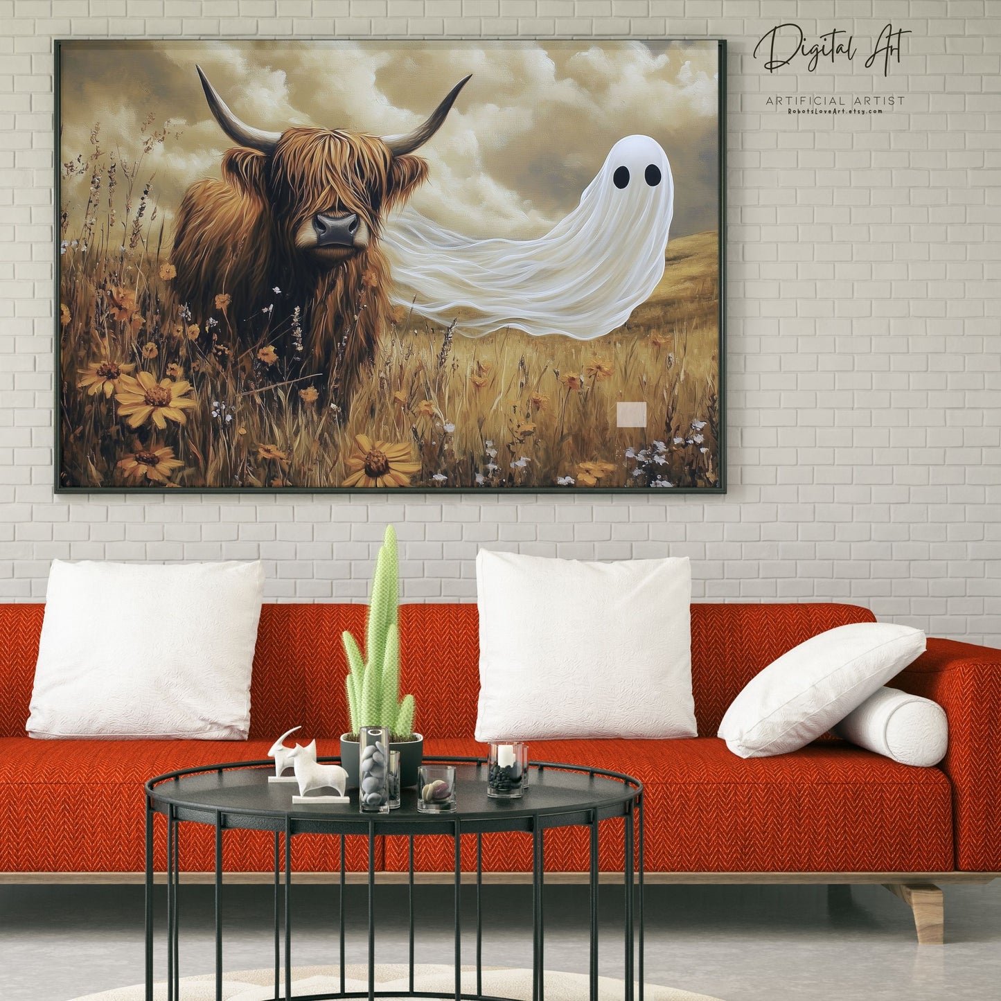 Scottish Highland with a Ghost| Instant Download | Digital AI Art | Cow Wall Art | Fall Decor